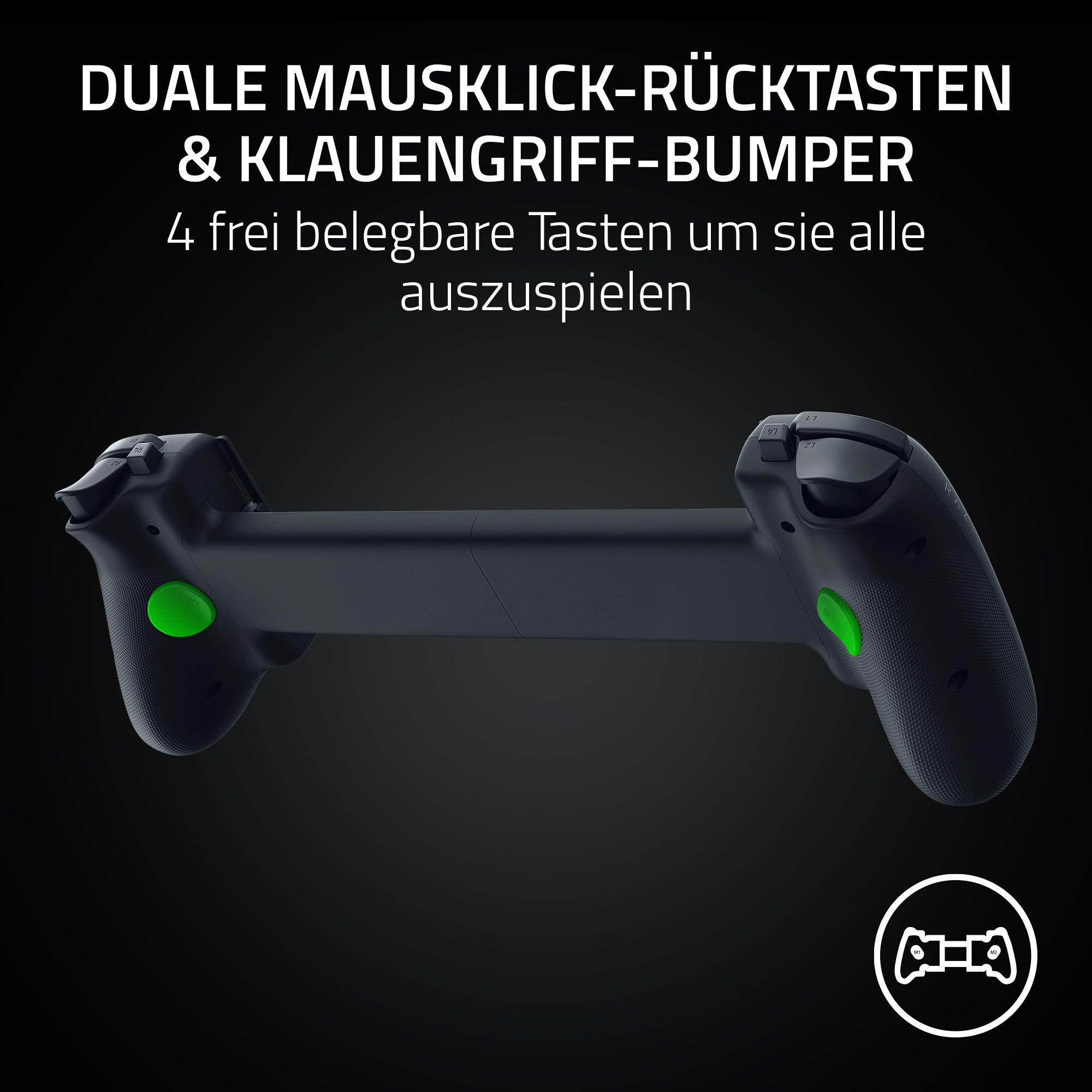 Schwarzes Gamepad mit grünen Knöpfen. Weißer Text oben. Schwarzer Hintergrund mit einem Controller-Symbol.