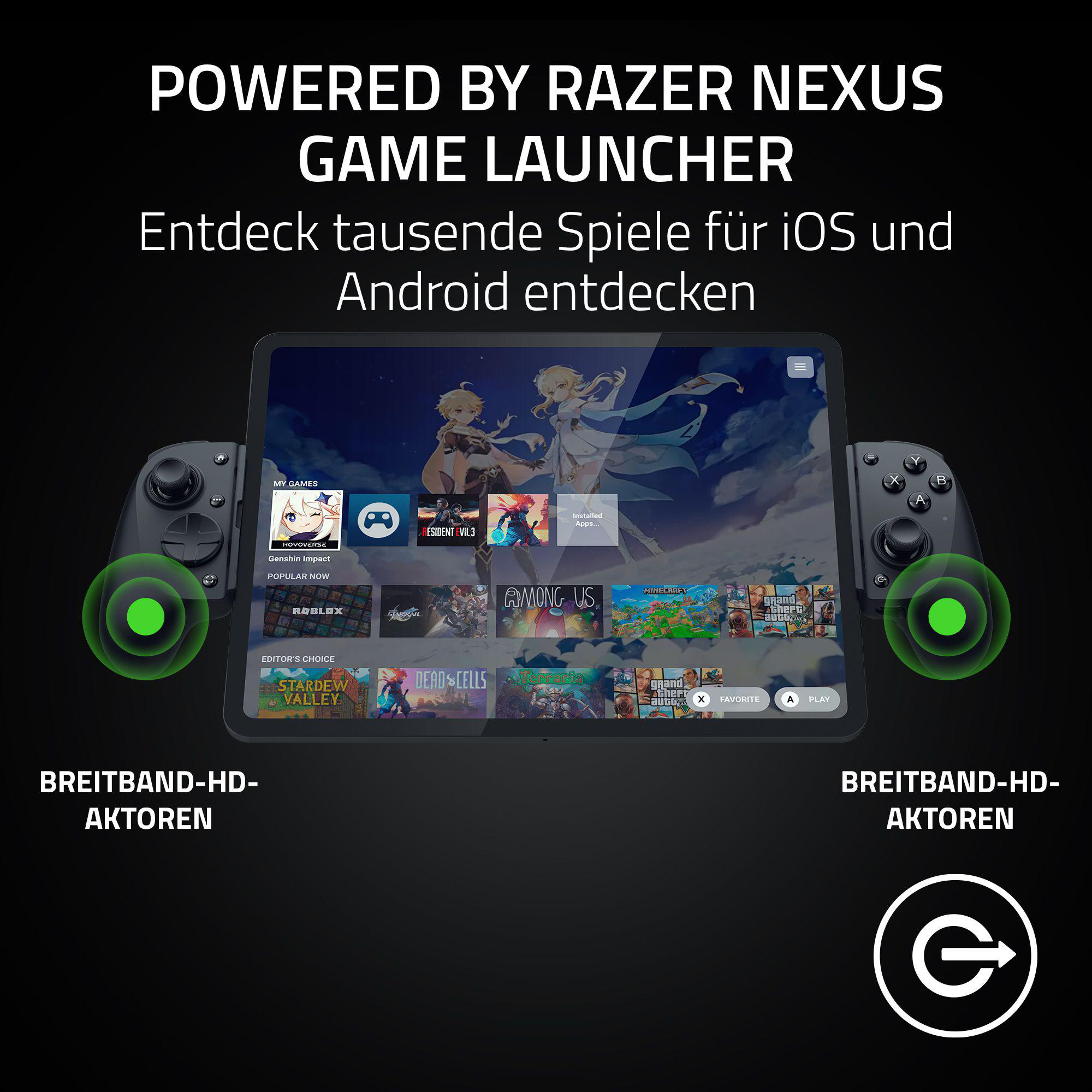 Razer Nexus Game Launcher auf Tablet. Spiele werden mit Controllern auf beiden Seiten angezeigt.