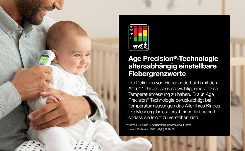 Ein Mann misst einem Baby die Temperatur mit einem digitalen Thermometer. Das Baby lächelt. Text über Fieber und Altersgenauigkeit.