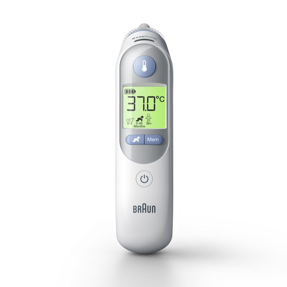 Braun-Thermometer zeigt 37,0°C an. Merkmale sind eine Ein-/Aus-Taste, eine Speicherfunktion und Altersbereichsanzeigen.