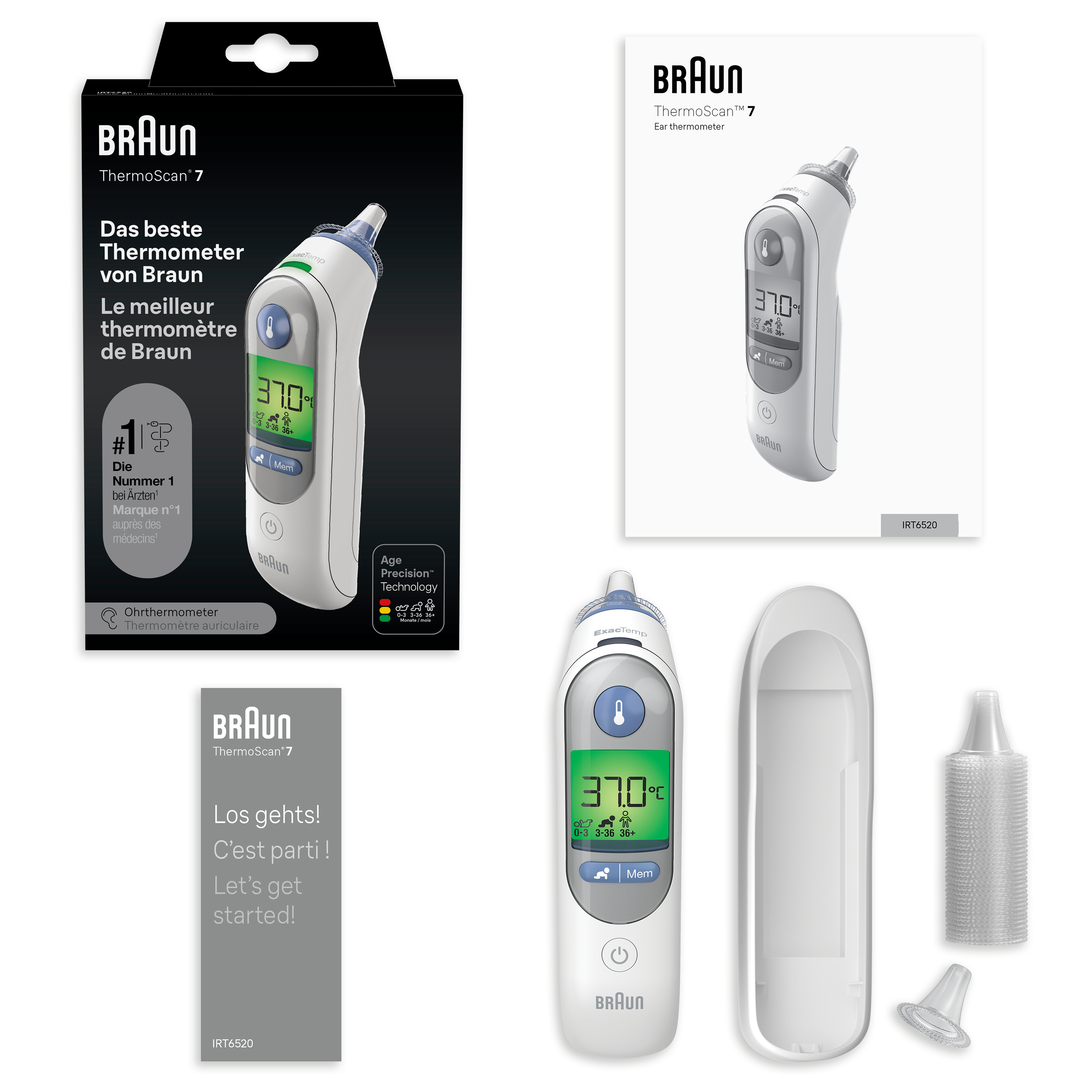 Braun ThermoScan 7 Ohrthermometer mit Zubehör. Zeigt Temperatur auf grünem Display an.