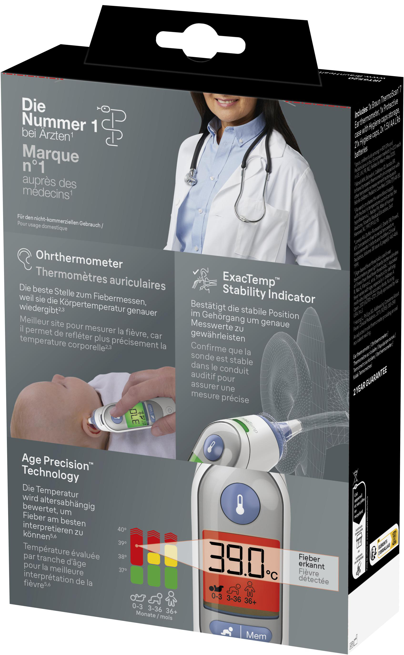 Verpacktes Ohrthermometer mit Digitalanzeige 39,0°C. Arztbild und Texte in mehreren Sprachen.