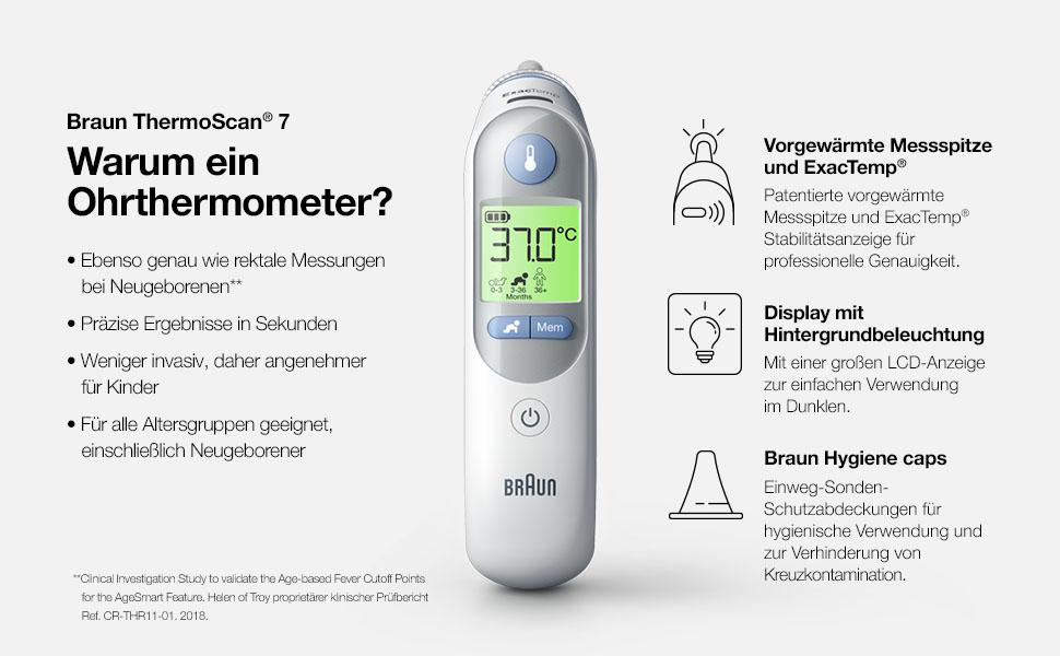 Braun ThermoScan 7 Ohrthermometer. Zeigt 37,0°C an. Merkmale sind Display mit Hintergrundbeleuchtung und Hygieneaufsätze.