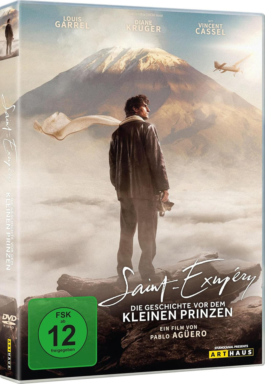 DVD-Cover. Mann auf Felsen, Berg im Hintergrund, Flugzeug am Himmel. Titel: Saint-Exupéry. Stars: Louis Garrel, Diane Kruger, Vincent Cassel.