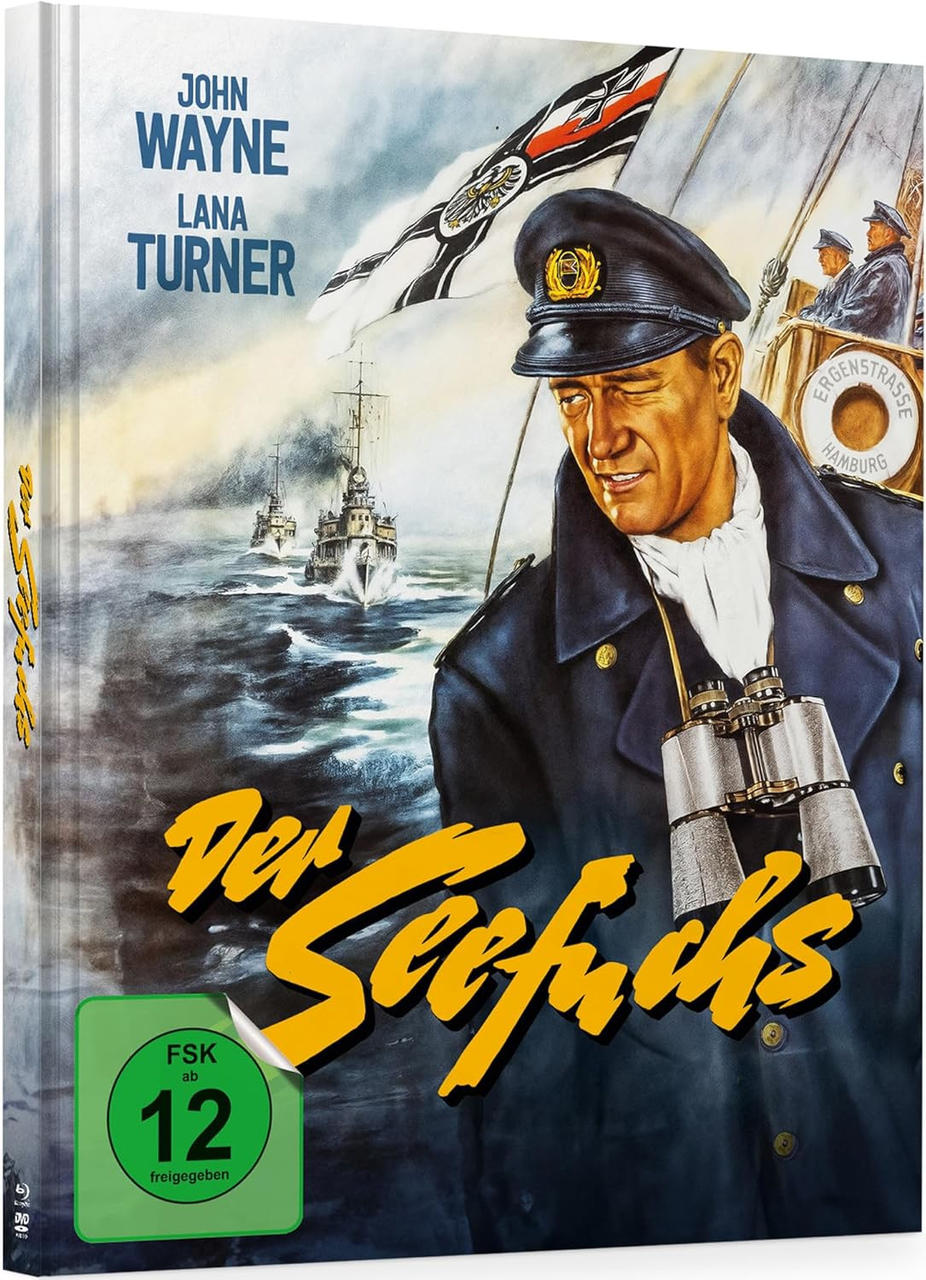Filmplakat. John Wayne in Marineuniform mit Fernglas. Kriegsschiffe auf See. Deutsche Flagge. Titel: Der Seefuchs.