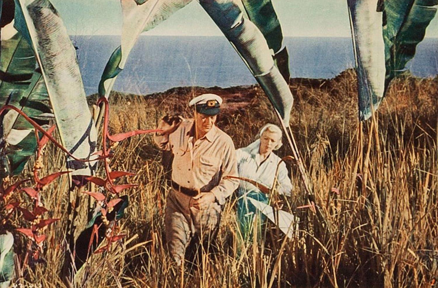 Ein Mann und eine Frau gehen durch hohes Gras. Dahinter ein Meer- und Himmelhintergrund. Große Blätter und rote Pflanzen im Vordergrund.
