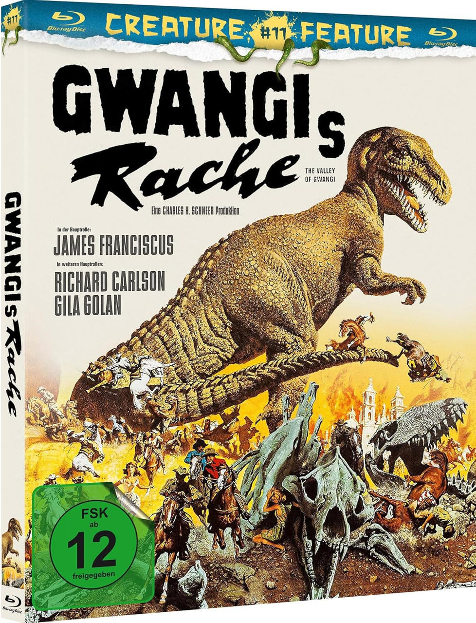 Filmcover: Ein Dinosaurier greift Reiter an, Schädel und eine brennende Stadt. Titel: Gwangi's Rache. Namen der Schauspieler.