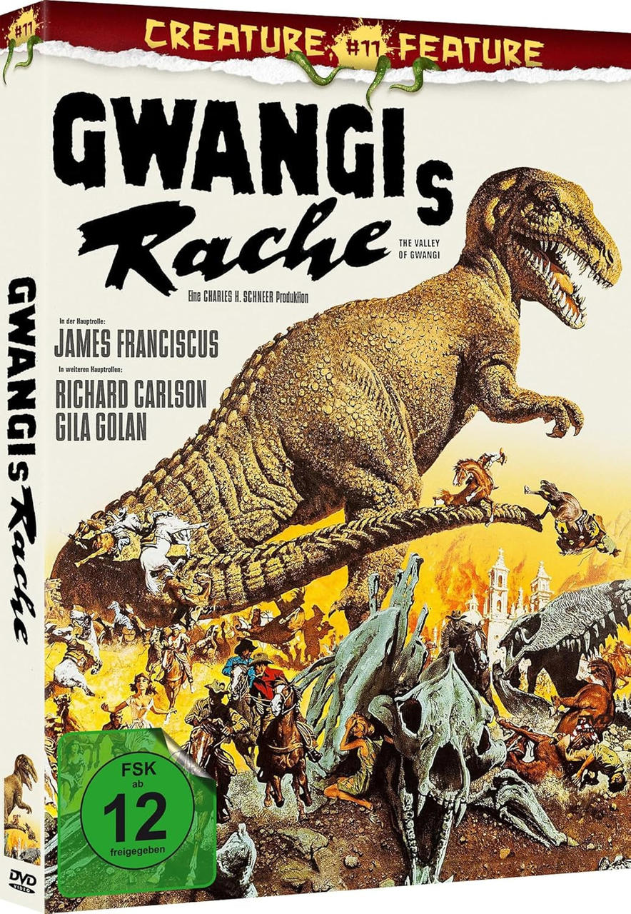 Filmplakat: Ein Dinosaurier greift Reiter an. Titel: Gwangis Rache. Namen der Schauspieler und FSK 12-Bewertung sichtbar.