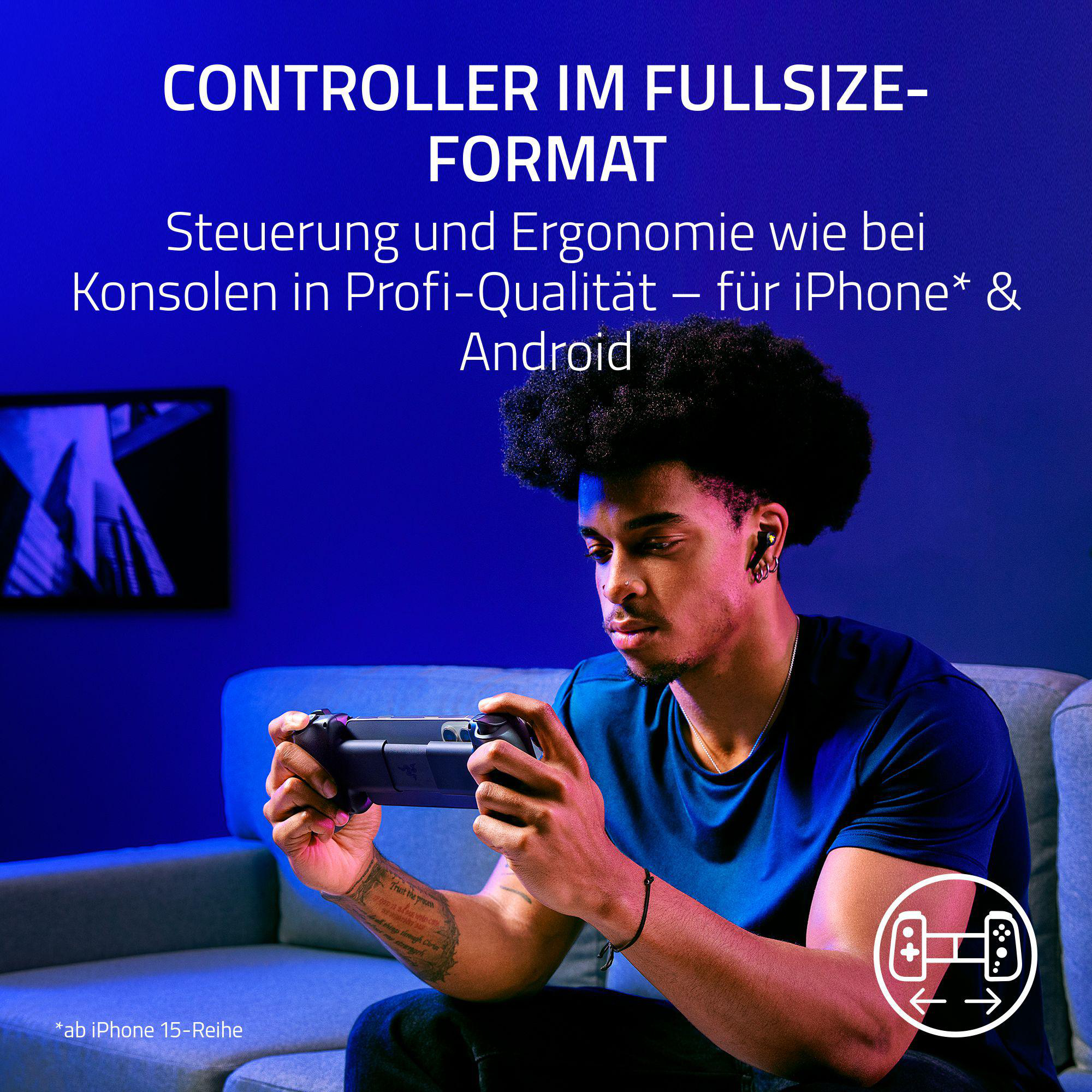 Mann hält Gamecontroller. Text sagt Controller für iPhone und Android.