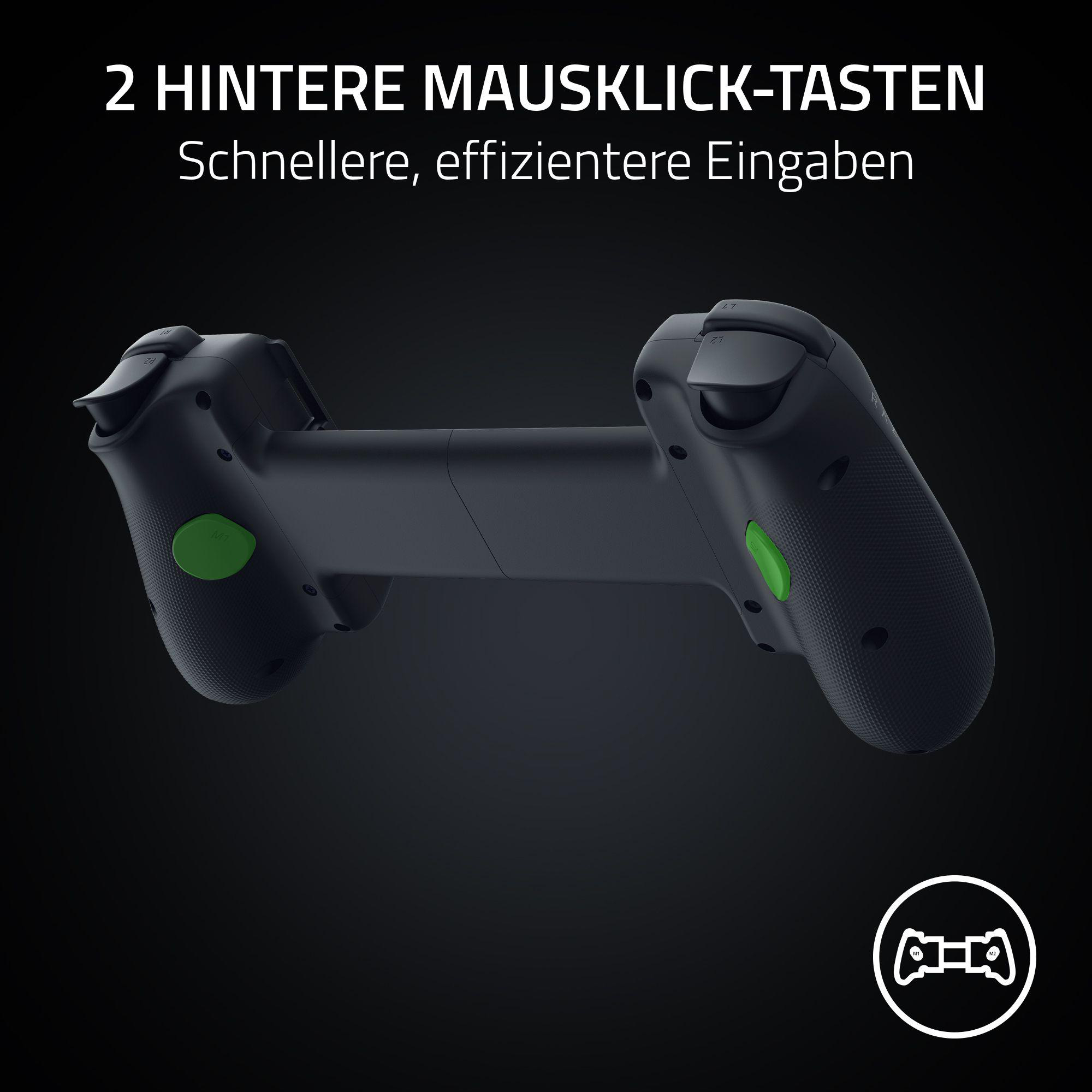 Schwarzer Gamecontroller mit grünen Knöpfen. Der Text oben lautet: '2 hintere Mausklicktasten'.