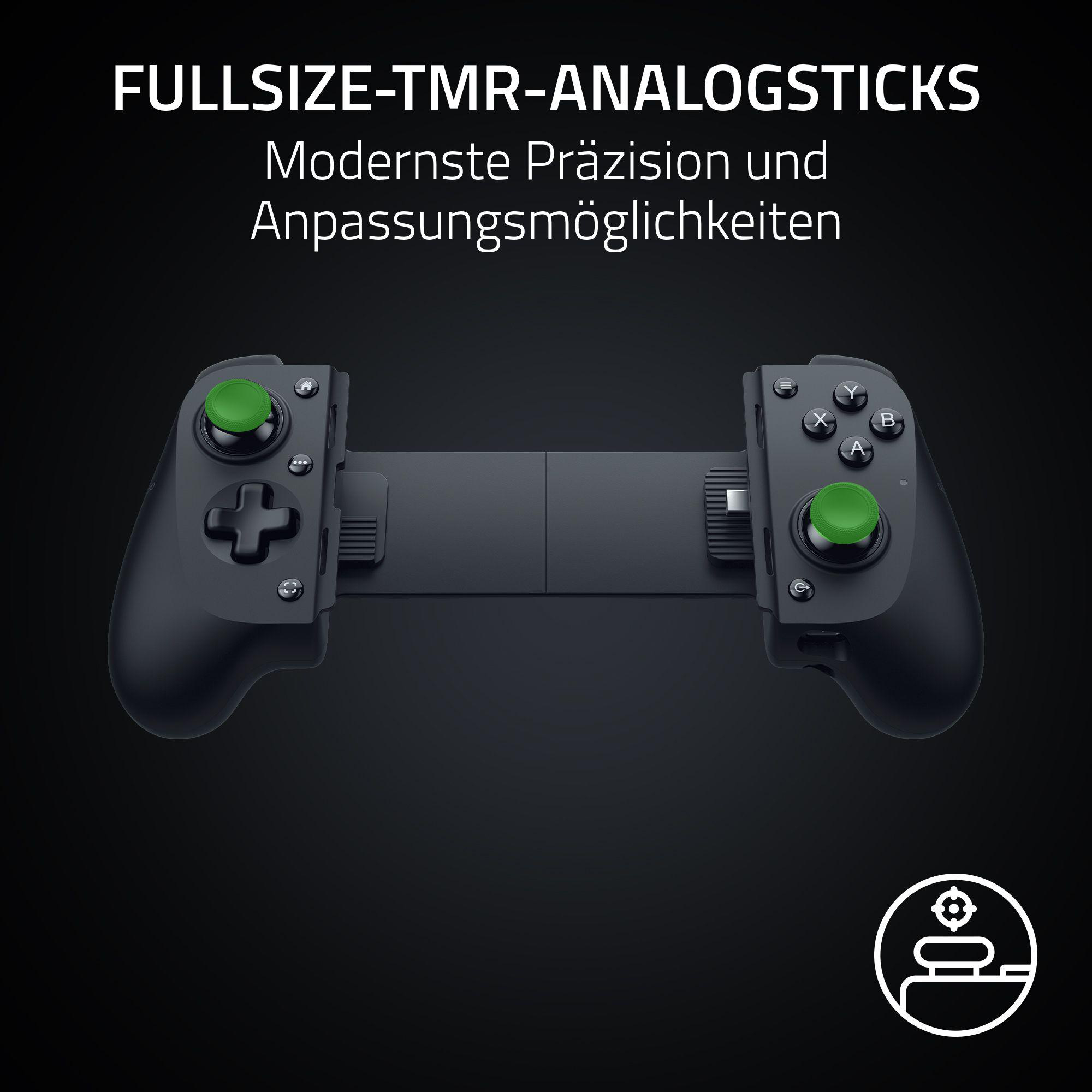Ein schwarzer Gamecontroller mit grünen Joystick-Tasten. Text: FULLSIZE-TMR-ANALOGSTICKS. Schwarzer Hintergrund.