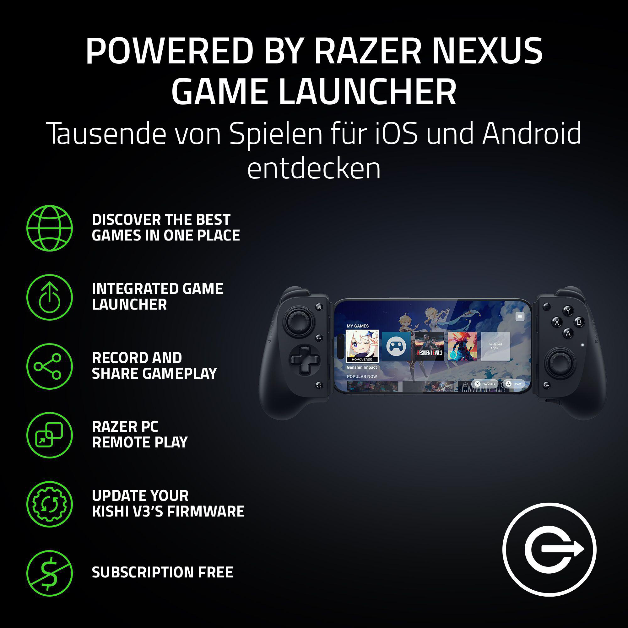 Razer Nexus Game Launcher mit Telefon in Gamepad. Funktionen: Spieleentdeckung, integrierter Launcher und Gameplay-Sharing.