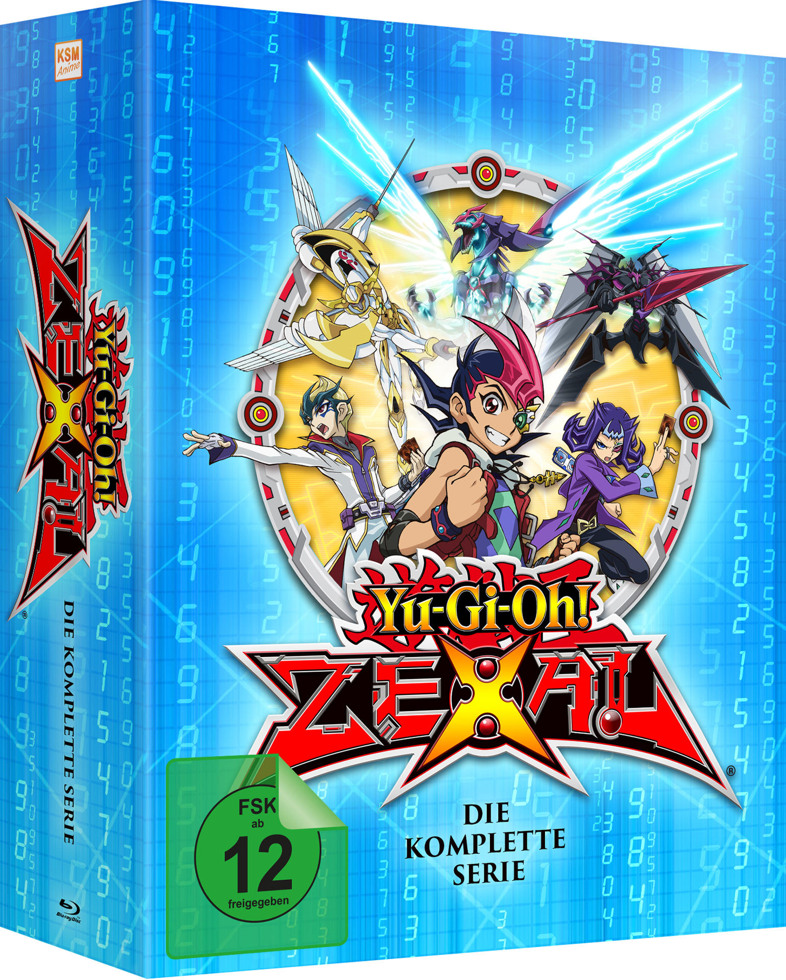 Blu-ray-Cover von Yu-Gi-Oh! Zexal. Zeigt Charaktere und Monster vor blauem Hintergrund mit Zahlen und Logos.