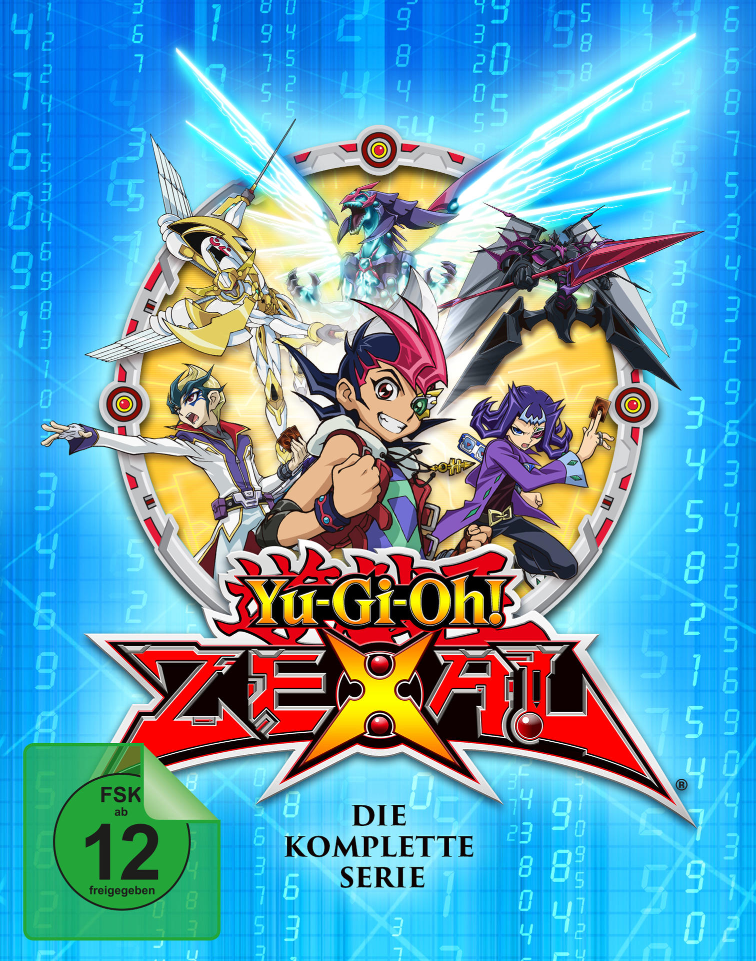 Yu-Gi-Oh! Zexal DVD-Cover. Figuren und Monster sind zu sehen. Der Hintergrund ist blau mit Zahlen. Der FSK 12 Aufkleber ist vorhanden.