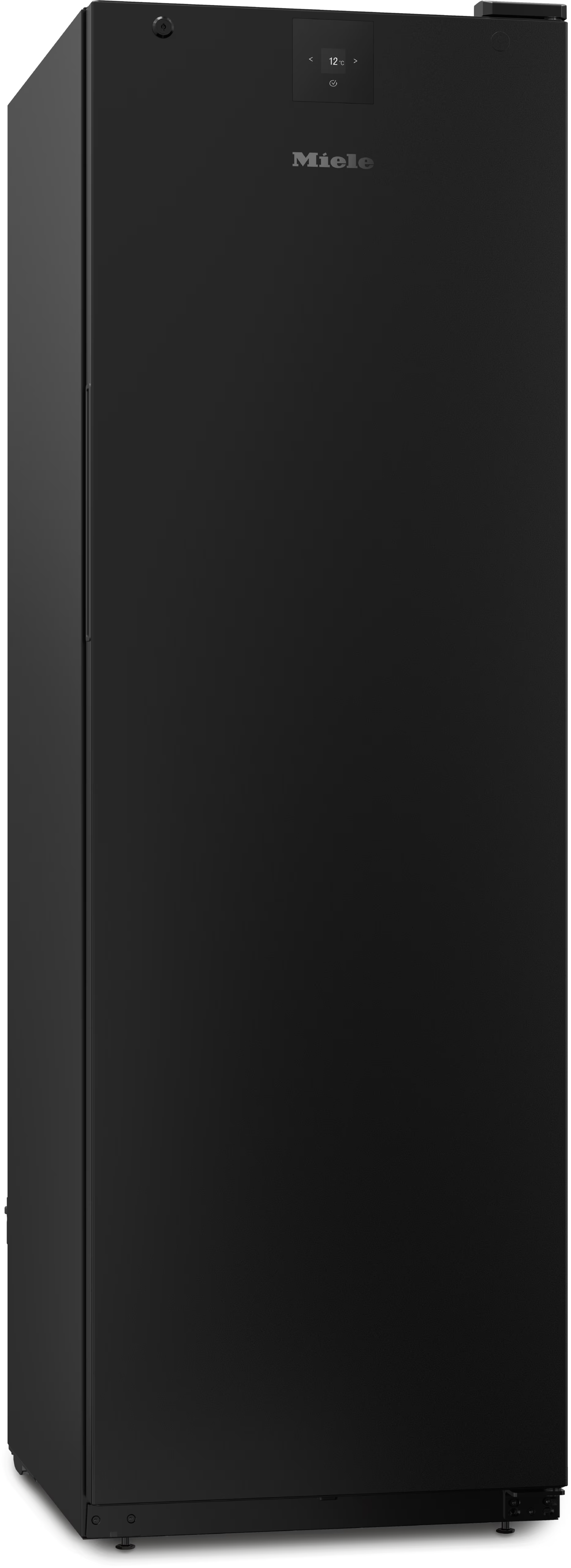 Schwarzer Miele-Kühlschrank mit digitaler Temperaturanzeige. Die Tür hat ein schlankes, modernes Design. Der Markenname ist sichtbar.