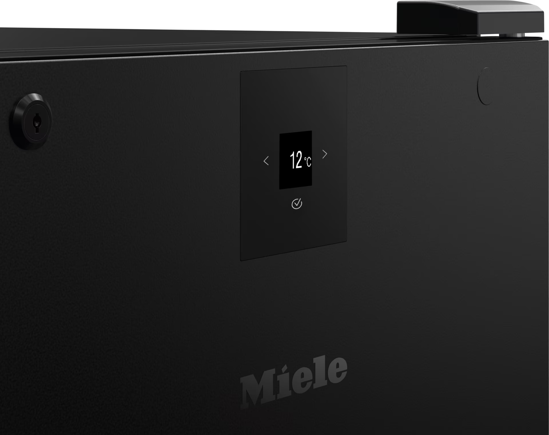 Schwarzes Gerät mit Temperaturanzeige von 12°C. Hat ein Schlüsselloch und Miele-Logo. Tasten zur Temperatureinstellung sichtbar.