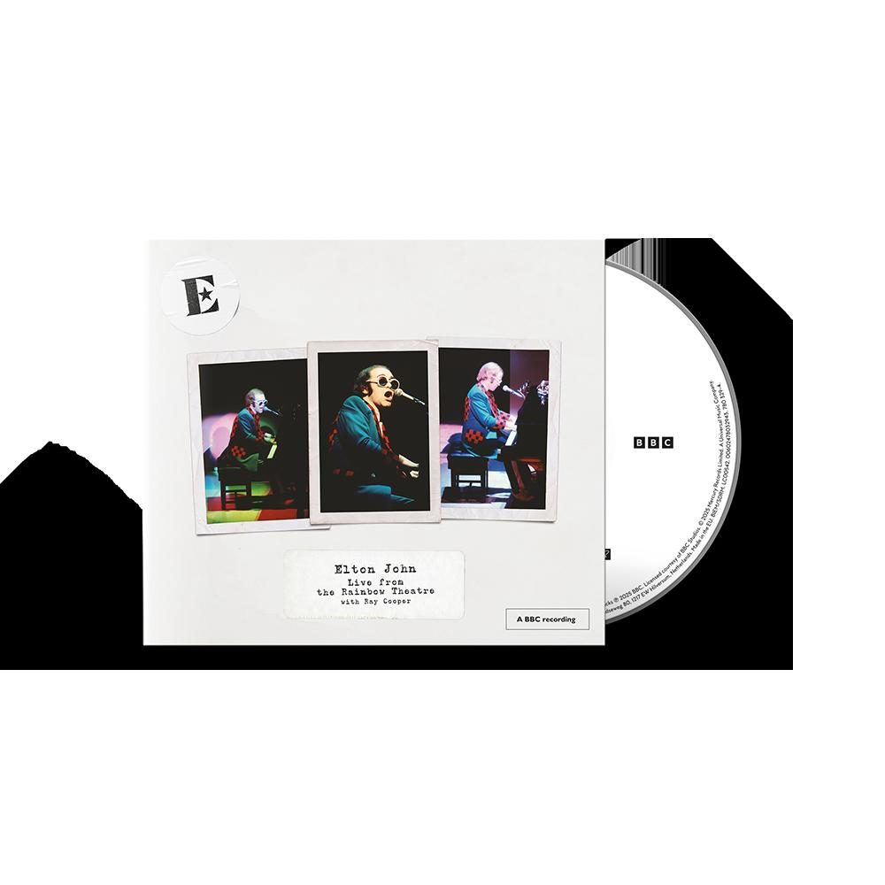 CD-hoes toont Elton John live in het Rainbow Theatre. Bevat foto's, tekst en een BBC-opnamelogo.