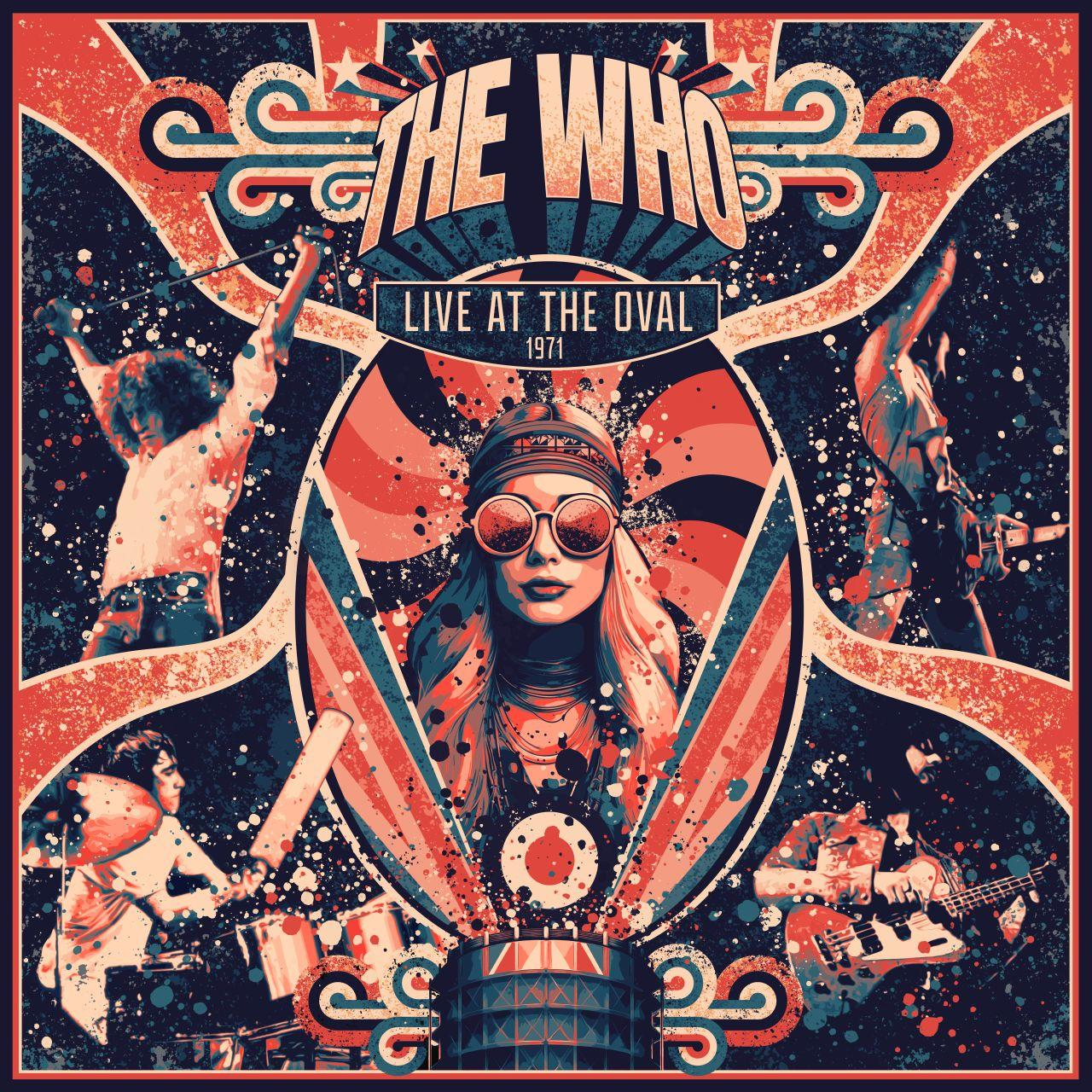Affiche de "Live at The Oval 1971" de The Who. Comprend des membres du groupe et une femme avec des lunettes de soleil, en couleurs rétro.