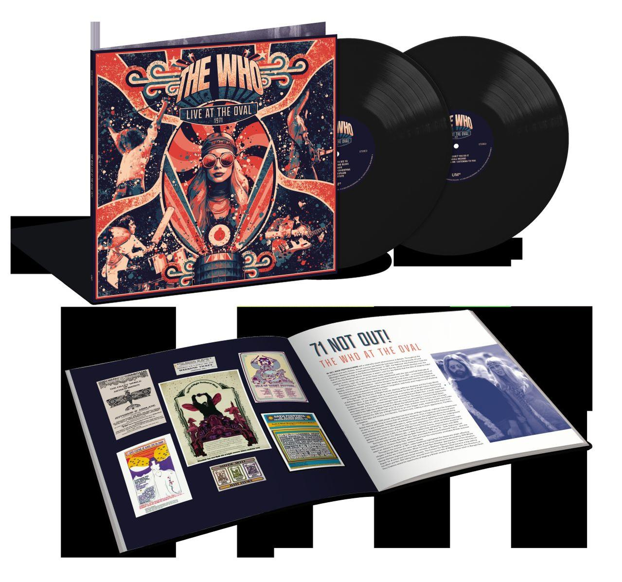 Pochette de l'album de The Who, 'Live at The Oval' avec des vinyles et un livre avec des affiches de concert.