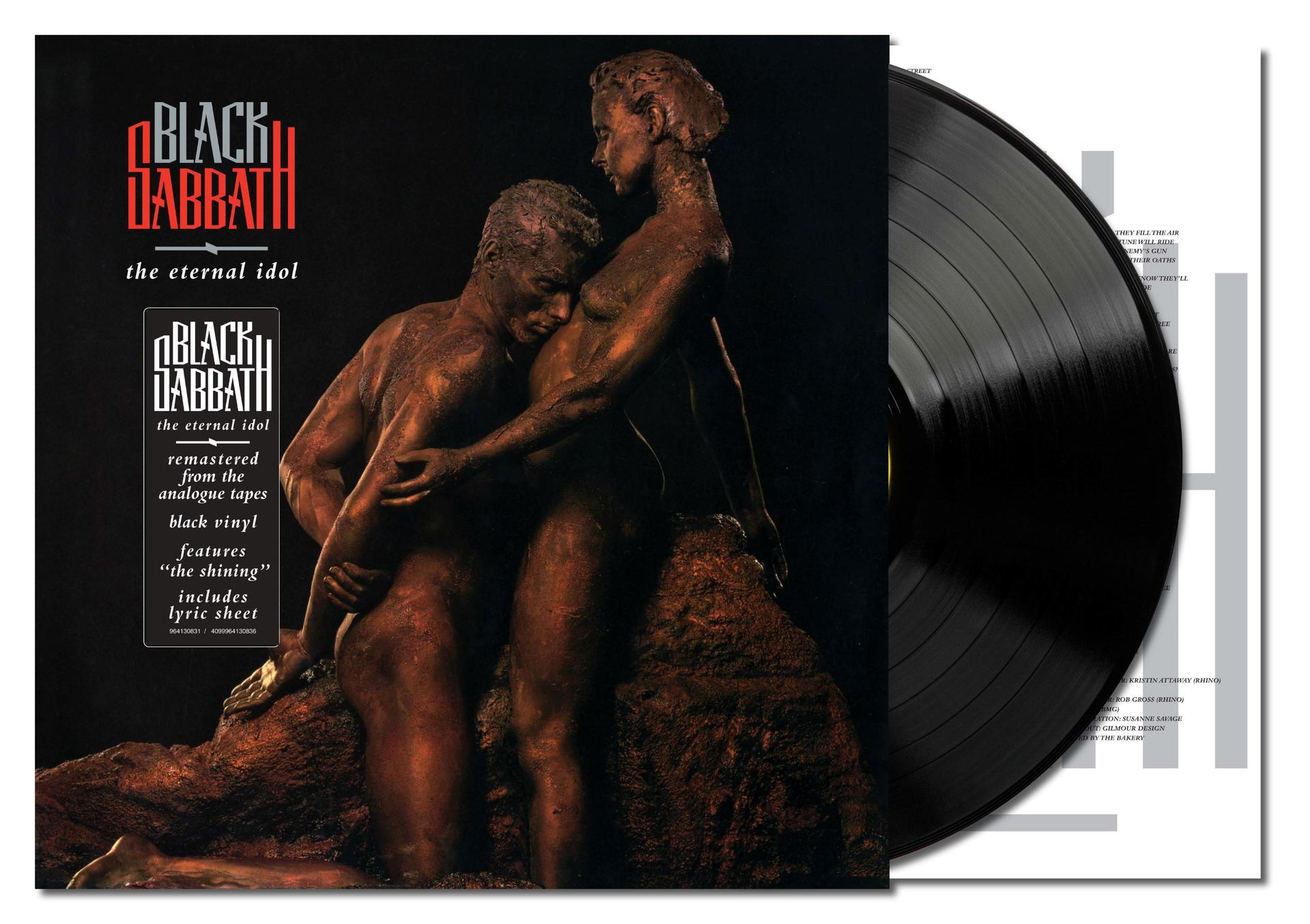 Albumhoes van Black Sabbath's "The Eternal Idol." Het toont naakte figuren en een vinylplaat.