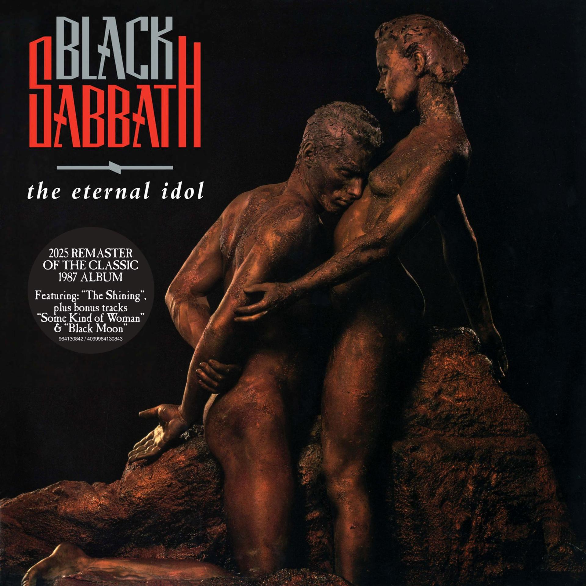 Albumhoes: Black Sabbath, twee bronzen figuren omarmen elkaar. Titel: The Eternal Idol. Zwarte achtergrond met rode bandnaam.