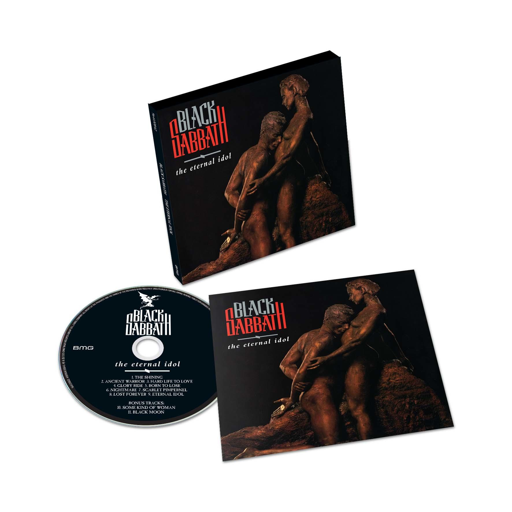 Albumhoes. 'The Eternal Idol' van Black Sabbath. Figuren omarmen elkaar. CD en hoes zichtbaar.