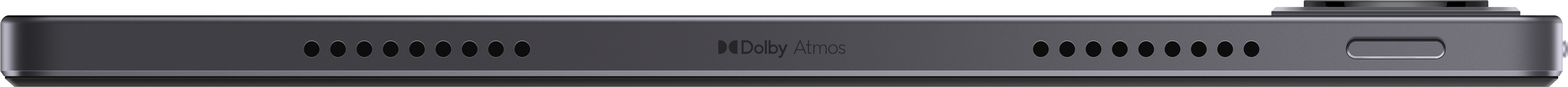 Nahaufnahme der Unterkante eines grauen Tablets. Merkmale sind Lautsprecherlöcher, Dolby Atmos Logo und ein Anschluss.