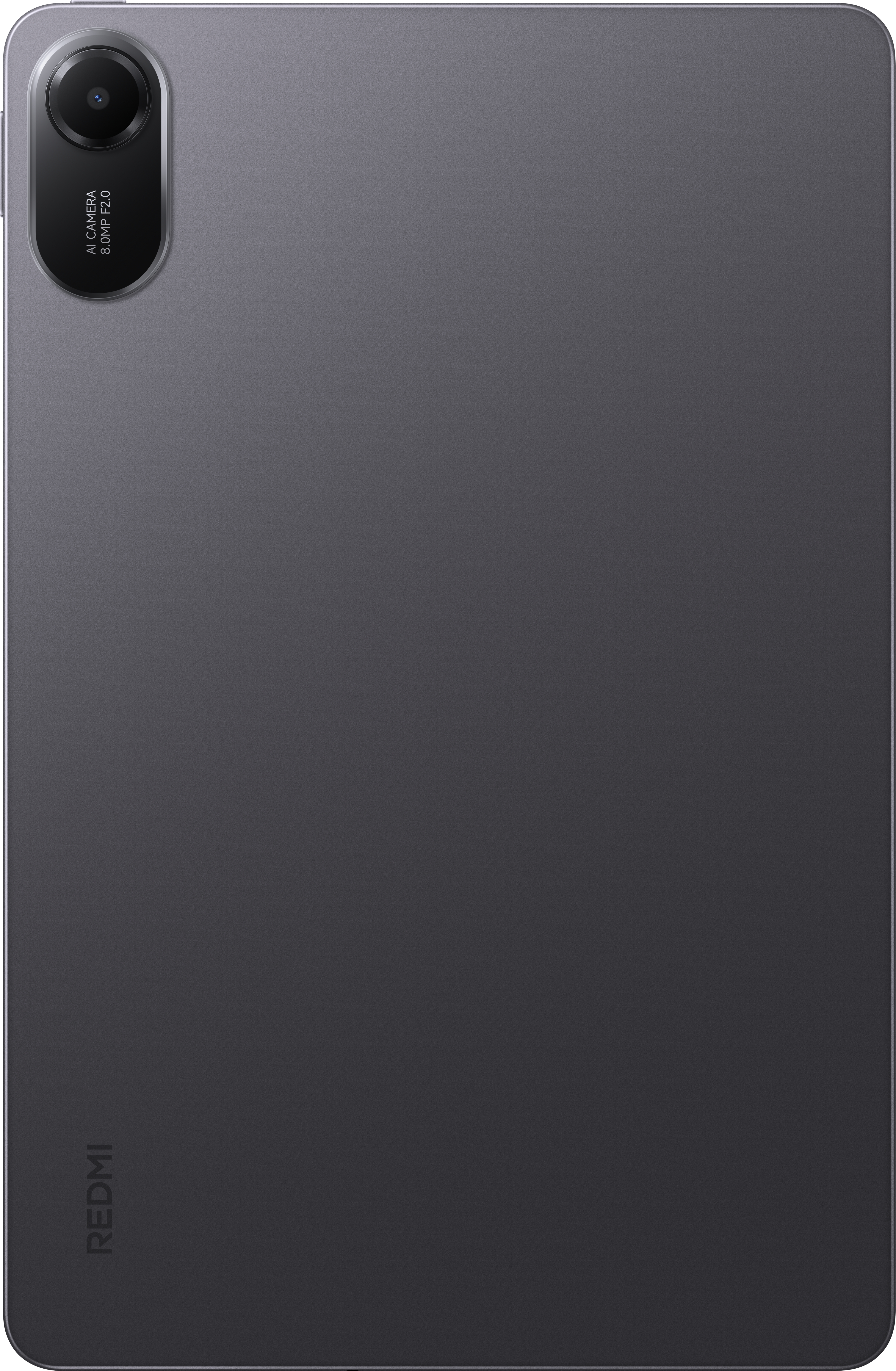 Dunkelgraue Tablet-Rückseite. Oben links Kamera. Redmi-Logo unten. Klares, schlichtes Design.