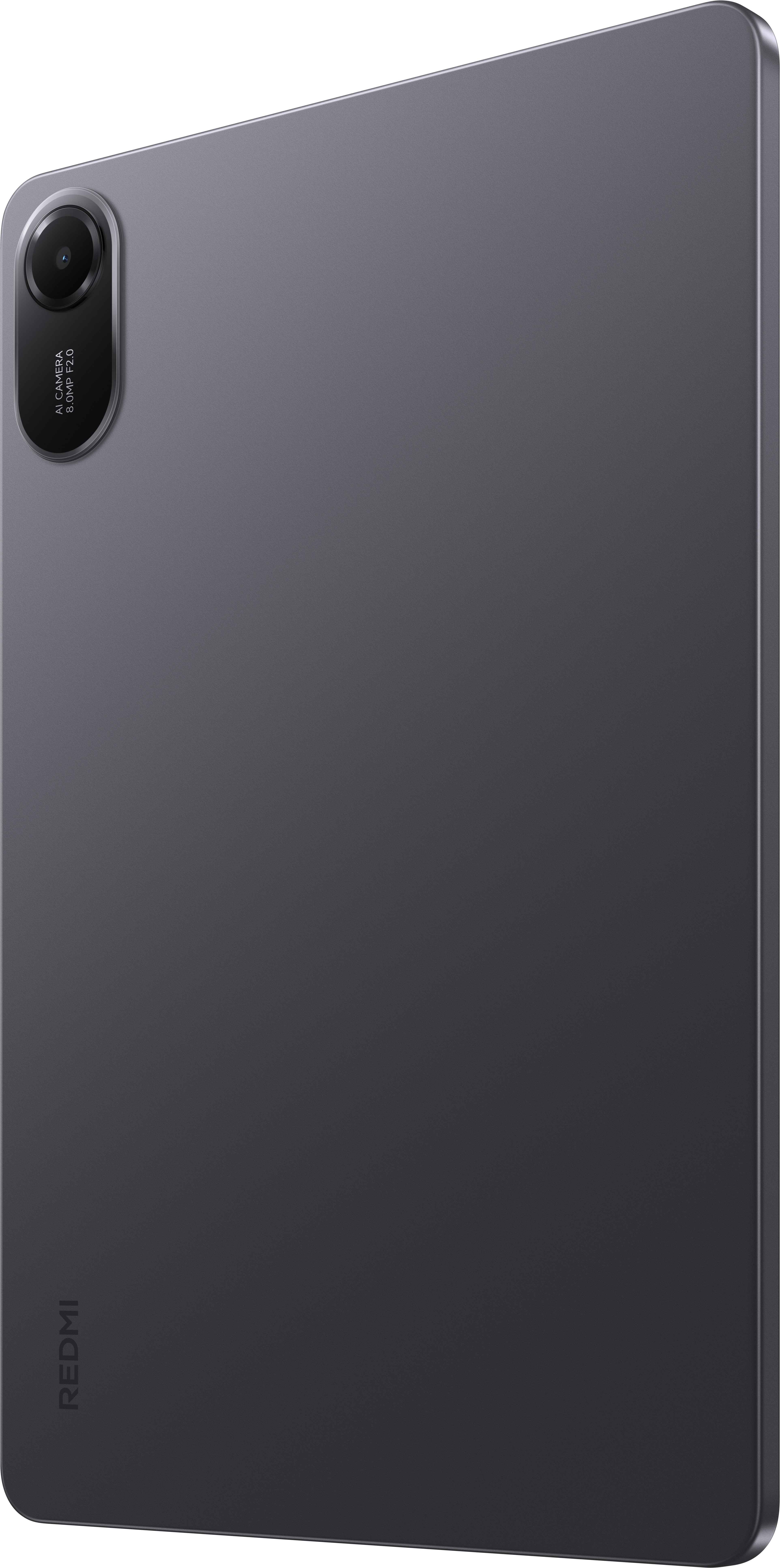 Graue Tablet-Rückseite mit Kamera und Redmi-Logo. Kamera: 8MP, f2.0. Das Tablet ist leicht angewinkelt.