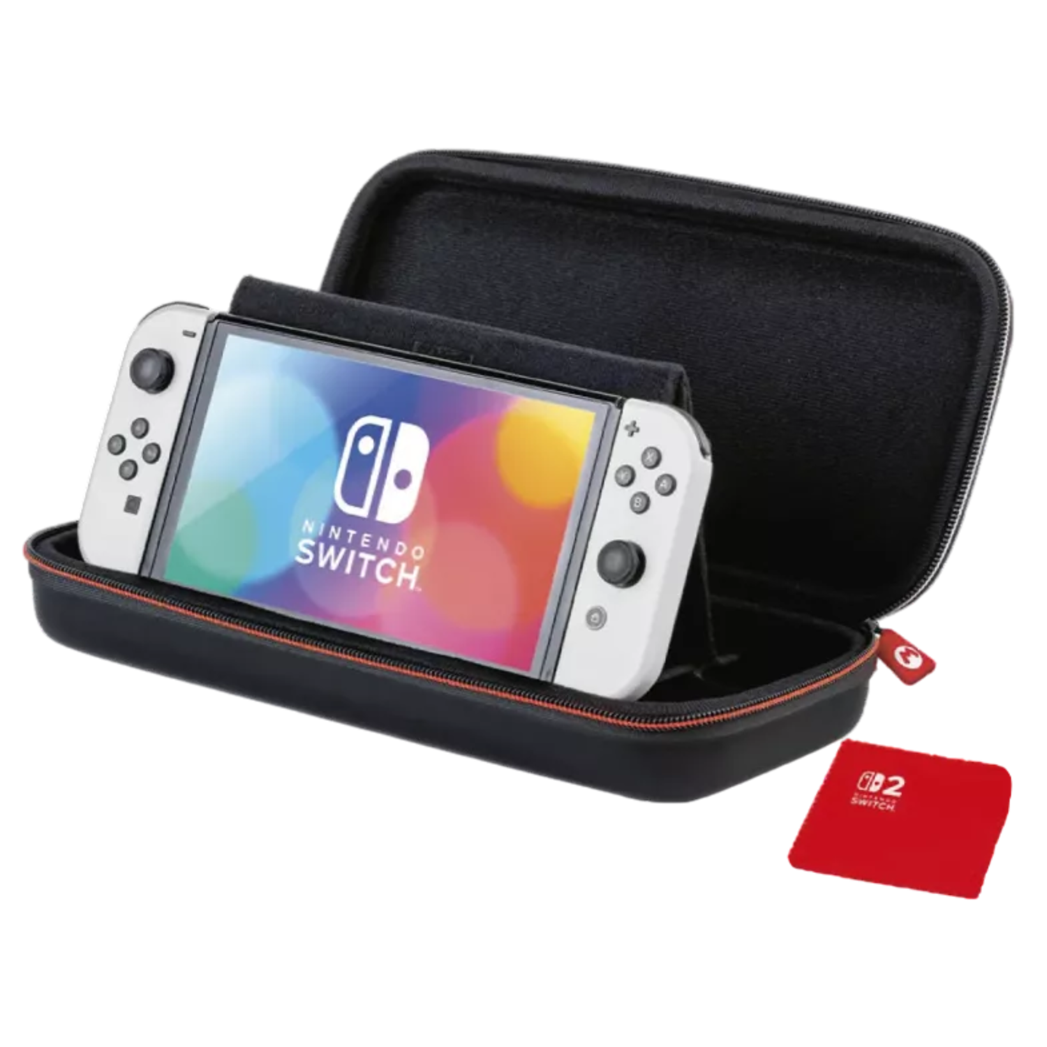 White Nintendo Switch in a black case, red zipper. Red game card to the right. Case is open.