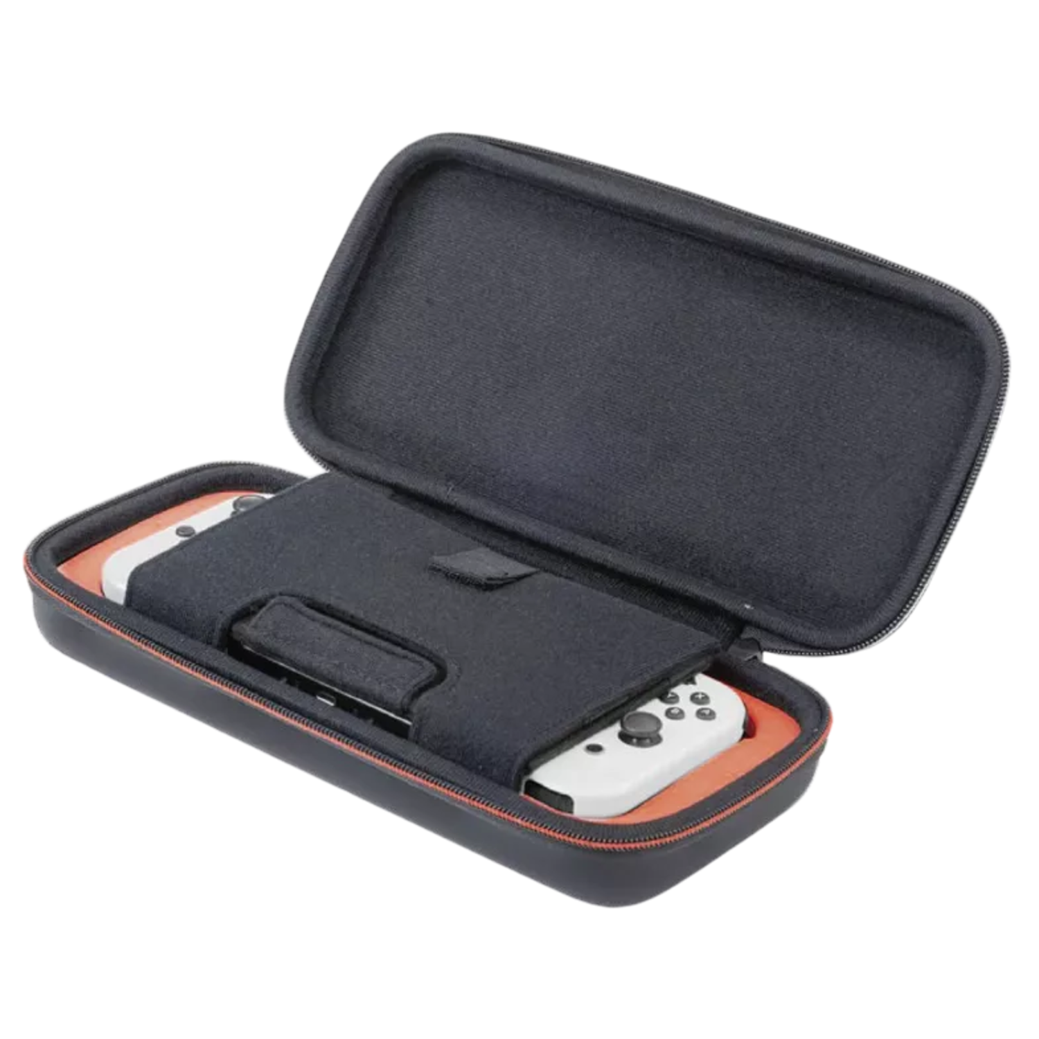 Black, open case with a white Nintendo Switch inside. Orange interior with black dividers. Black zipper.