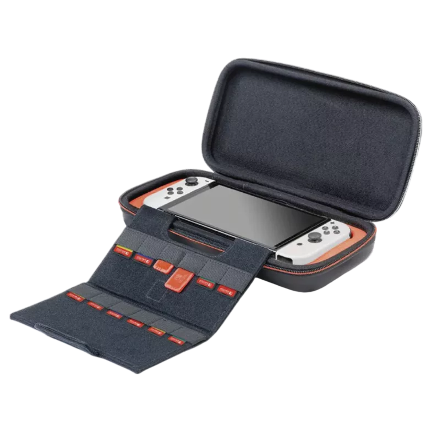 A black case with an open lid, revealing a white Nintendo Switch. A storage flap holds game cards.