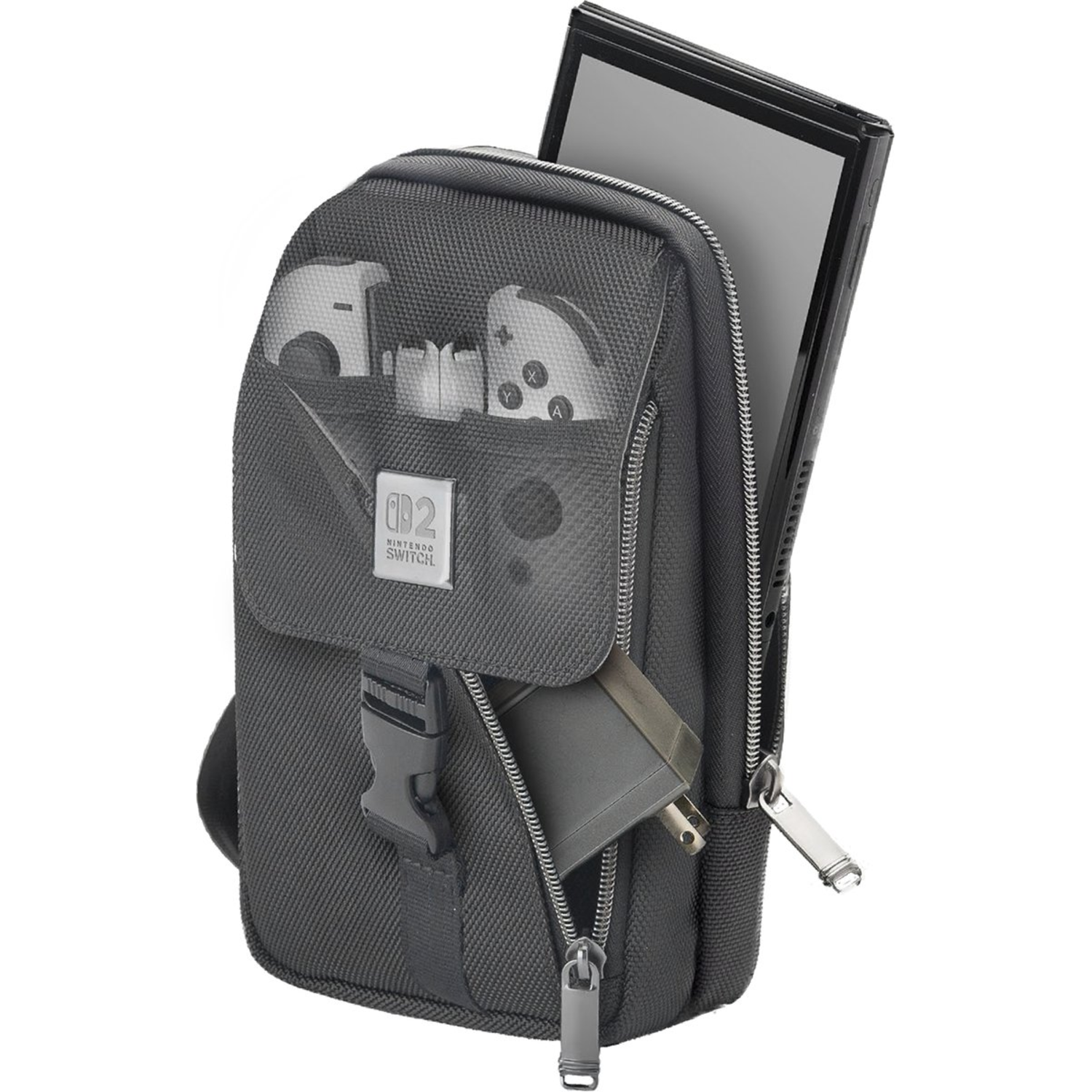 A gray Nintendo Switch carrying case. The case is open, revealing a Switch console, accessories, and a charger inside.