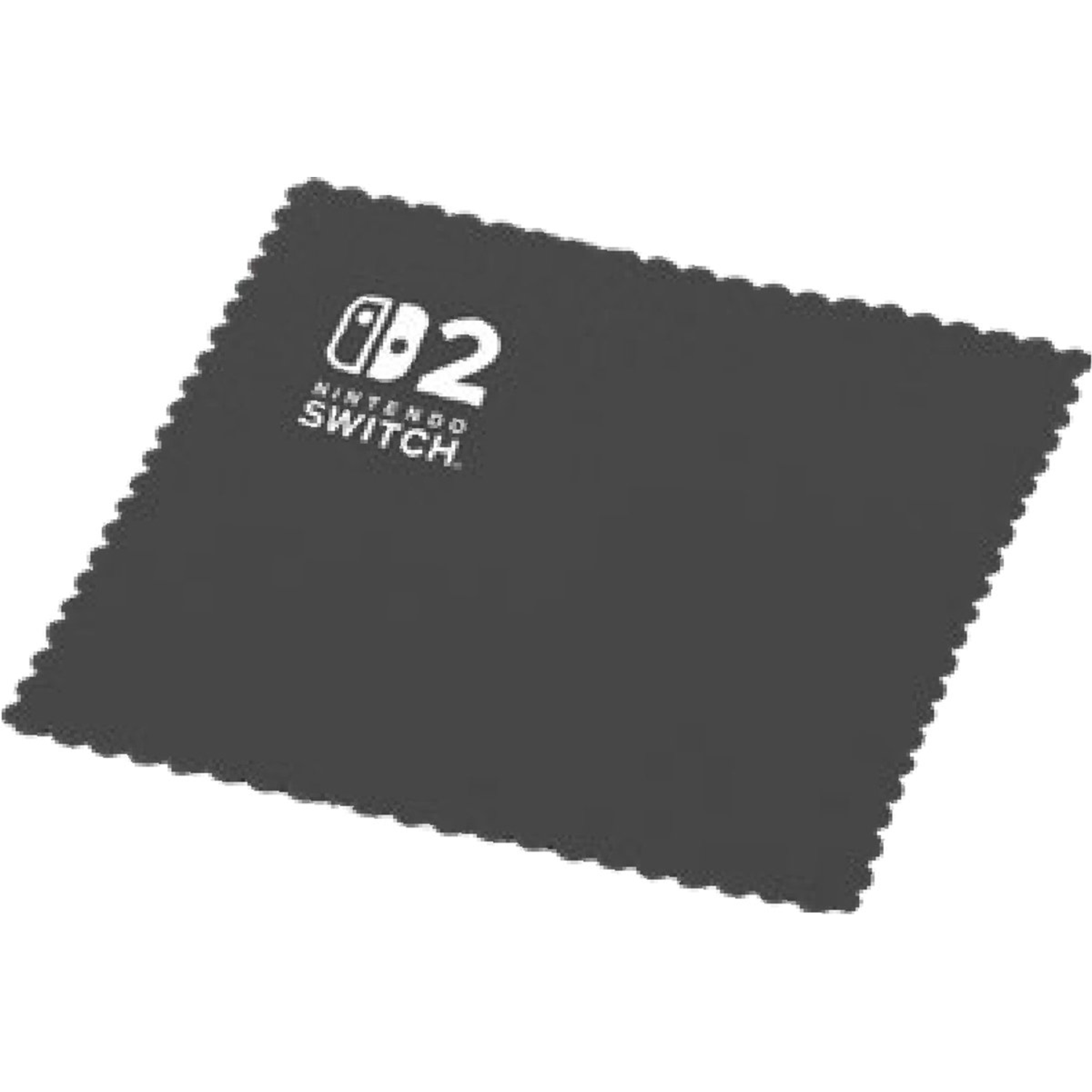 A dark gray Nintendo Switch cleaning cloth with white logo and text. The cloth has a scalloped edge.