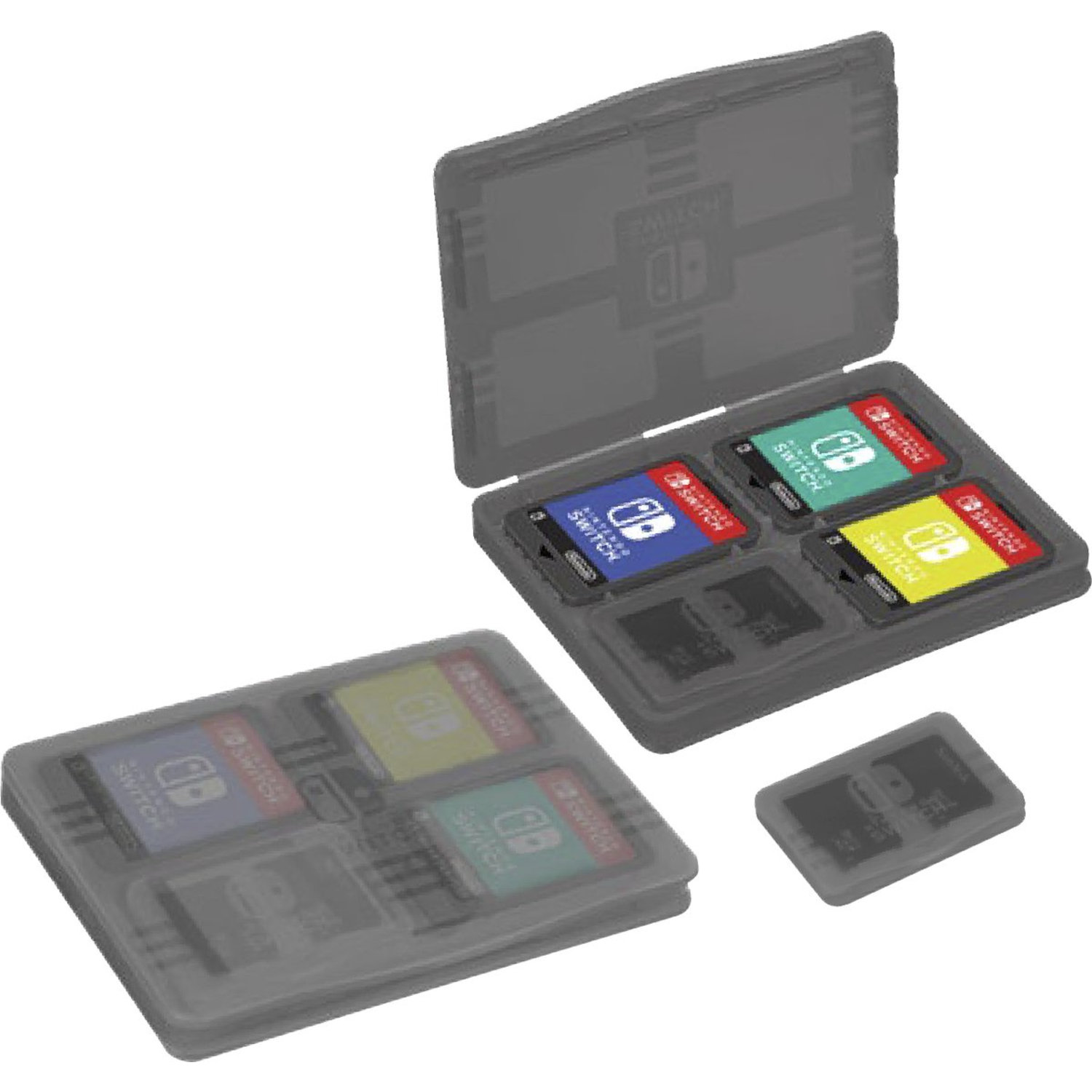 Cases holding Nintendo Switch game cartridges. Open case shows cartridges with red, blue, green, and yellow labels. Other cases are closed.