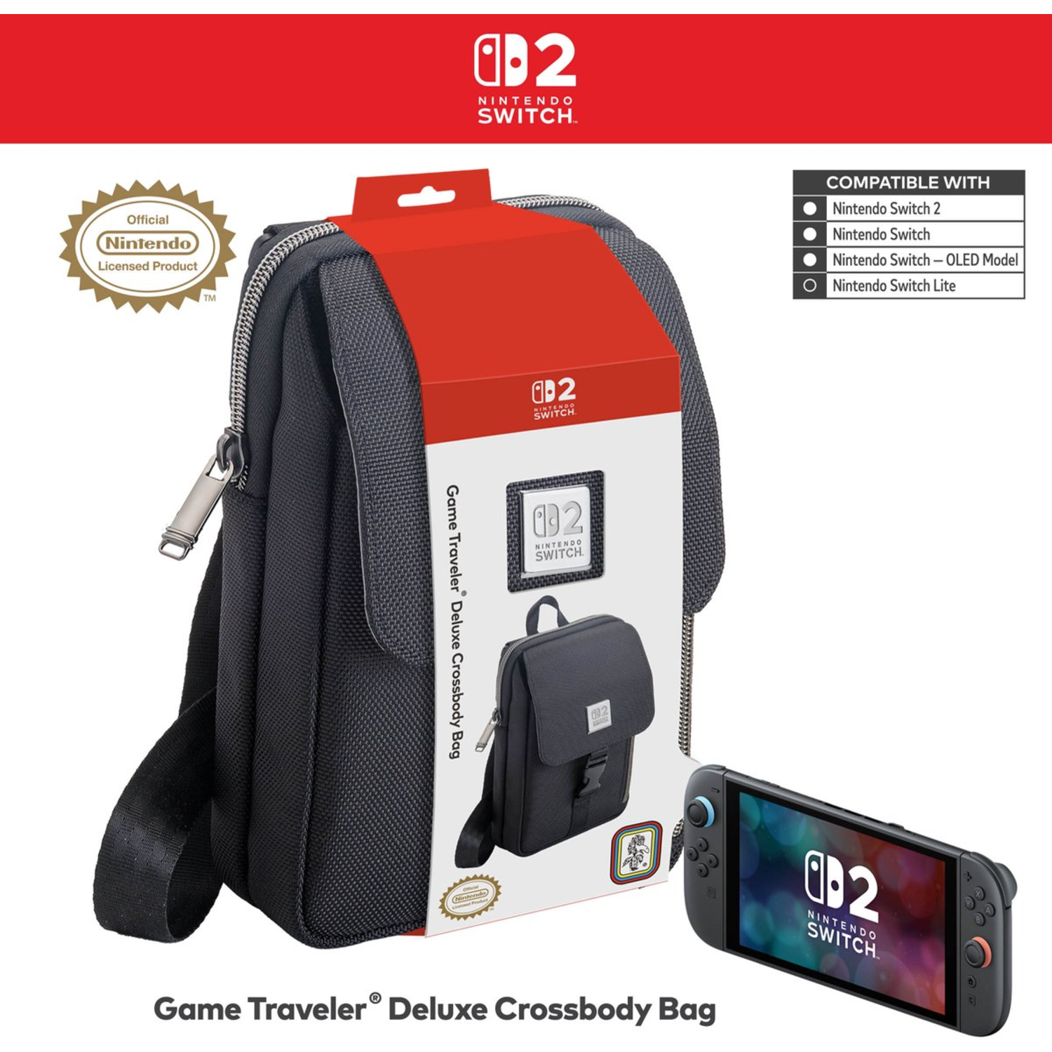 Black Game Traveler crossbody bag for Nintendo Switch. Includes a Switch console. Compatibility listed for Switch 2, Switch, and OLED.