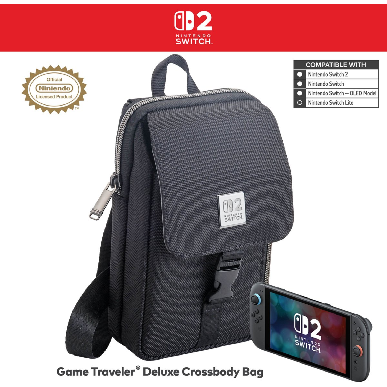 Black Game Traveler crossbody bag with Nintendo Switch logo and console in front. Compatible with Switch 2, Switch, OLED and Lite.