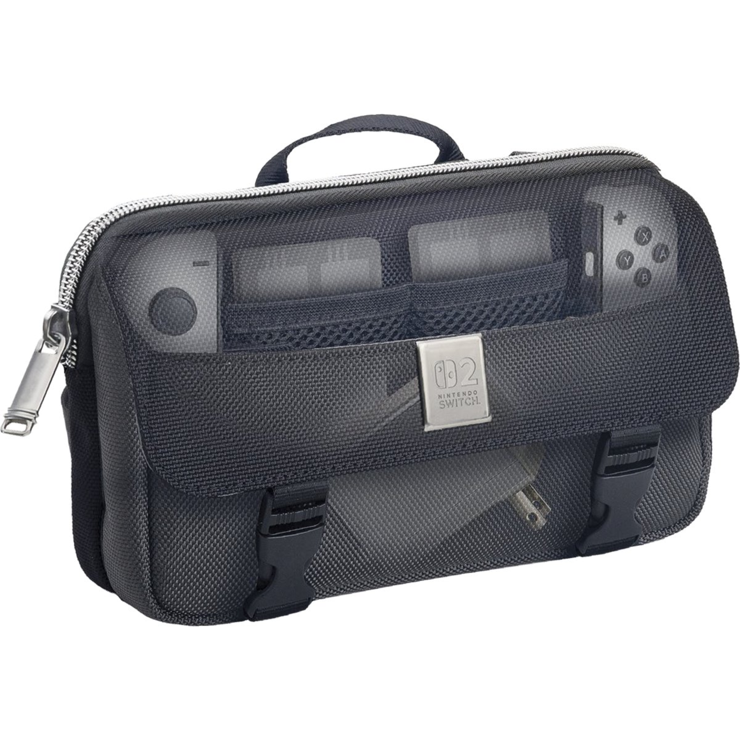 Black Nintendo Switch carrying case with handle, zipper, and buckle closures. The case shows the console and accessories inside.