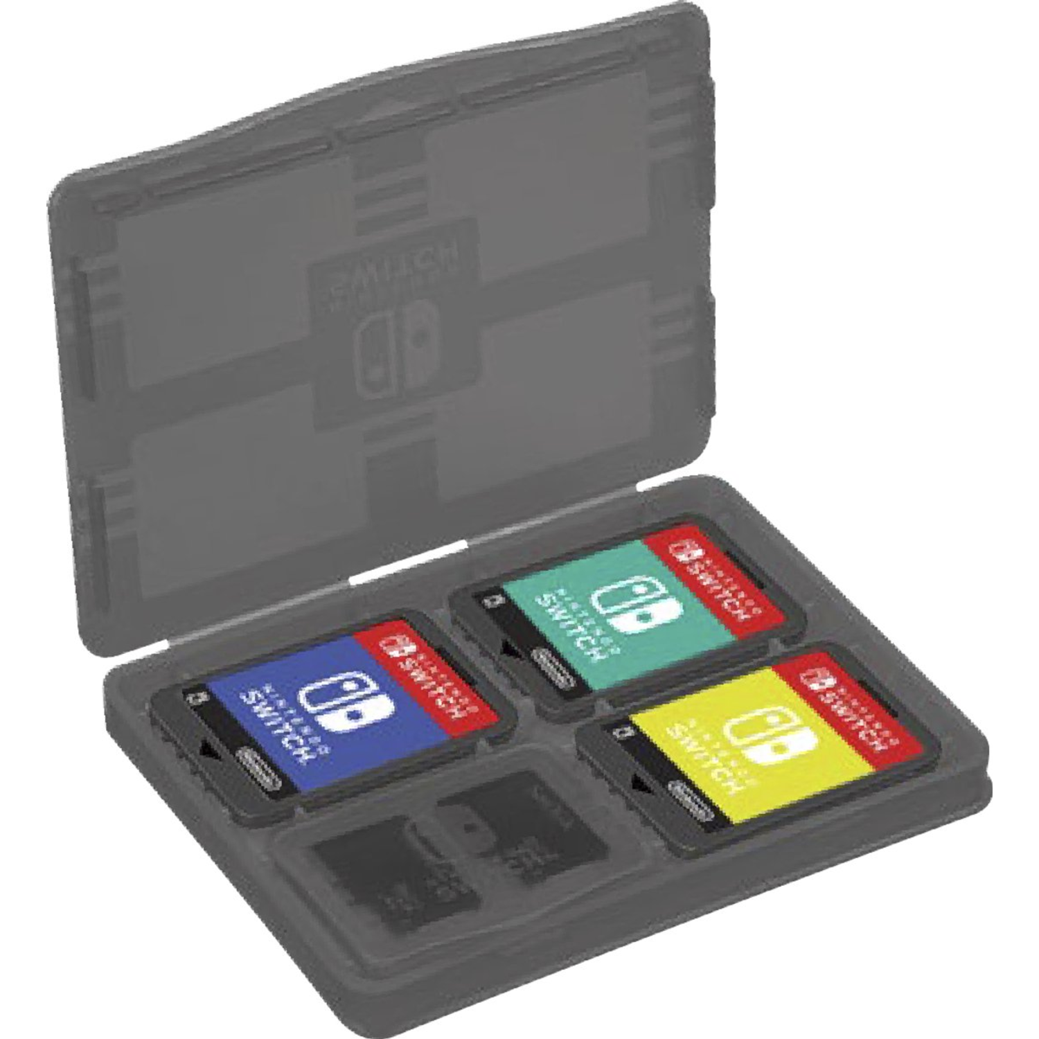 A gray Nintendo Switch game case is open, holding four game cartridges and two SD cards. Cartridges have blue, green, and yellow colors.