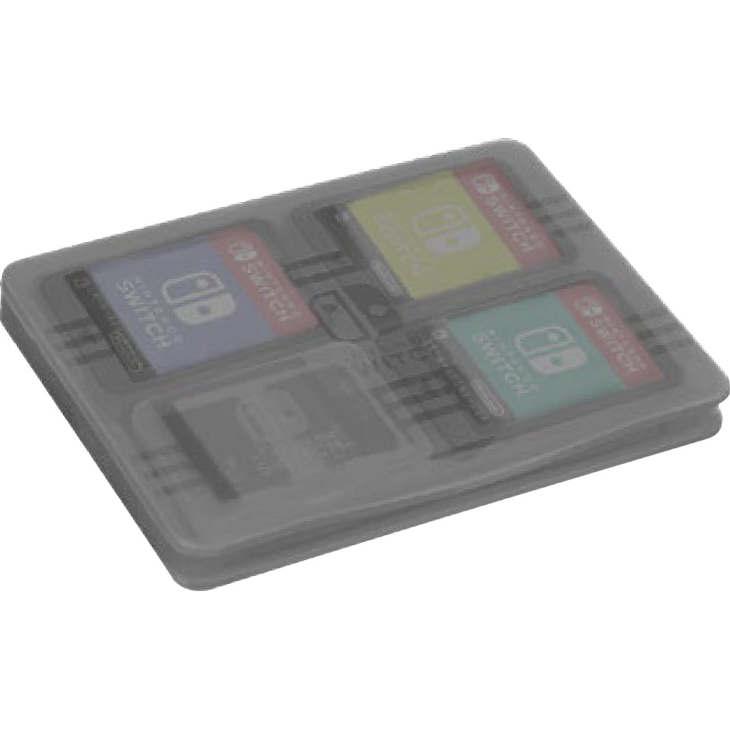 A transparent case holding four Nintendo Switch game cartridges. Each cartridge has a different color: blue, yellow, green, and gray.