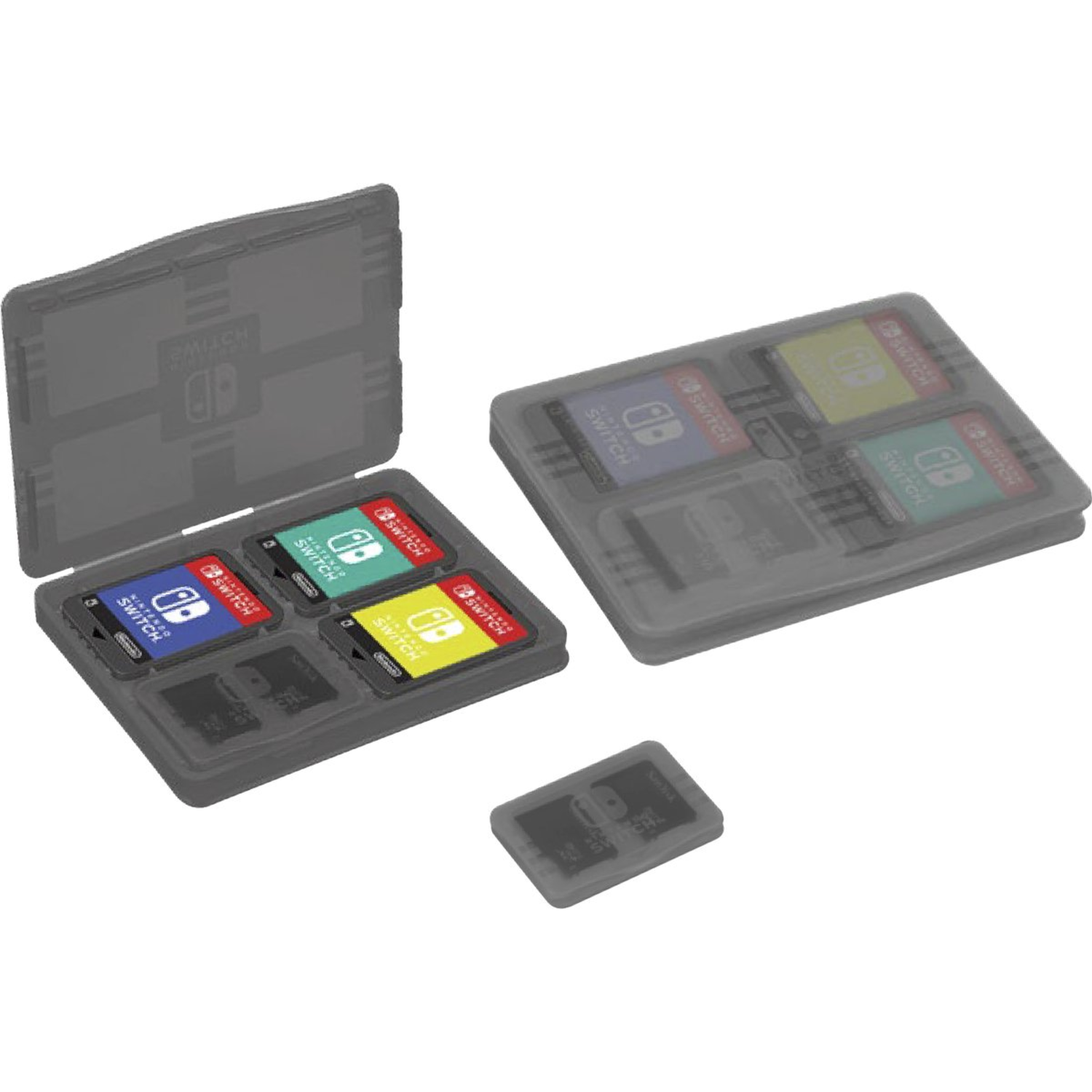 Several Nintendo Switch game cartridges in gray cases. Cartridges have colored labels. One case is open, another closed, and one cartridge is separate.