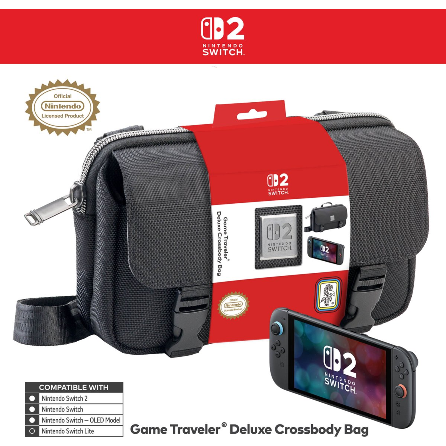 Black Game Traveler Deluxe Crossbody Bag with Nintendo Switch 2 and Nintendo Switch on a white background.