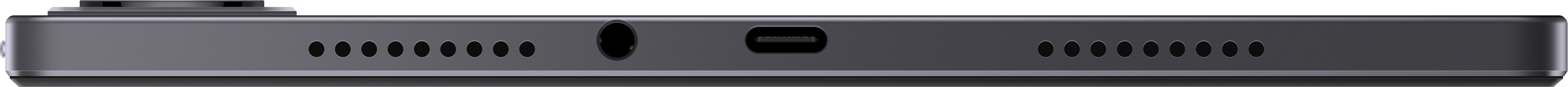 Graue Geräteunterseite mit Lautsprecherlöchern, Kopfhöreranschluss, USB-C-Anschluss und einer schwarzen Kamera oben.