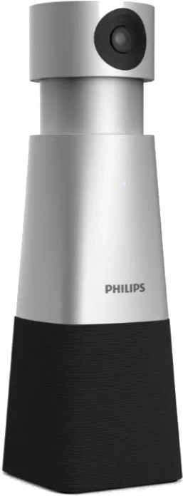 Srebrny głośnik Philips z czarną podstawą. Na górze znajduje się kamera. Widoczna jest nazwa marki.