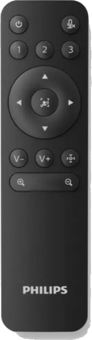Czarny pilot Philips z różnymi przyciskami do włączania/wyłączania, głośności, nawigacji i wyszukiwania. Logo Philips na dole.