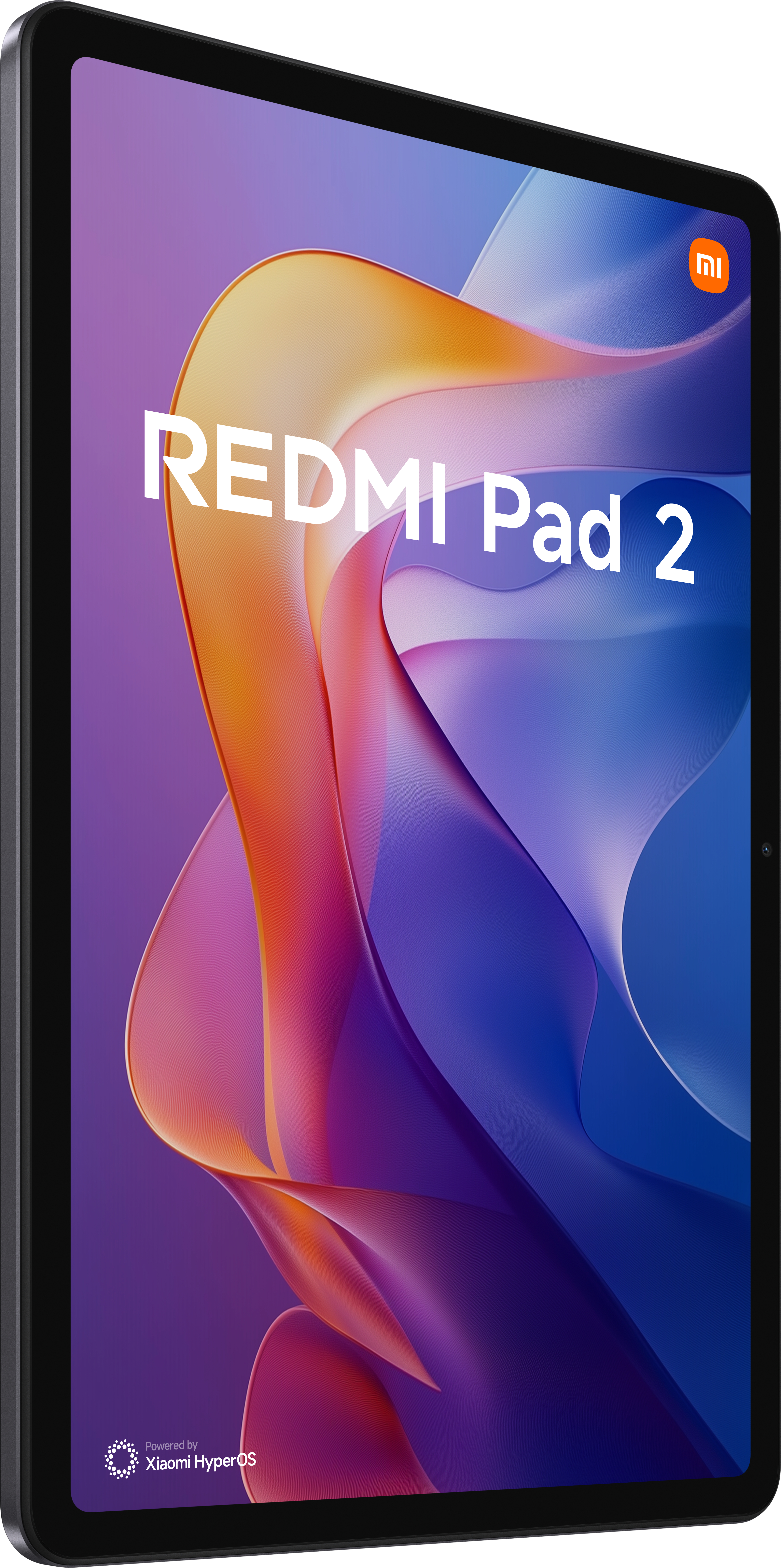 Redmi Pad 2 Tablet. Bildschirm zeigt farbenfrohe abstrakte Formen. Text: REDMI Pad 2. Xiaomi HyperOS Logo. Xiaomi Logo in der Ecke.