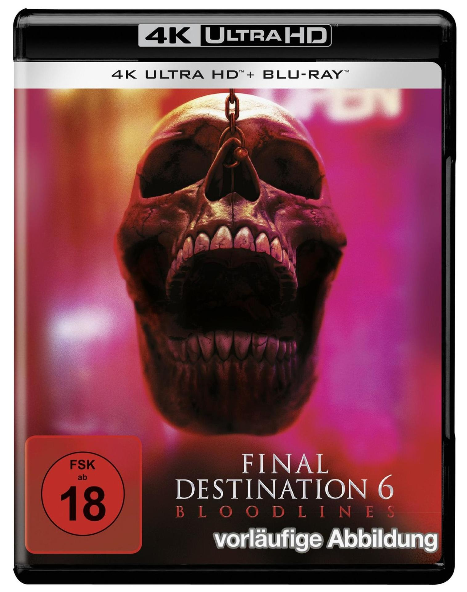 DVD-Cover. Schädel mit Kette, auf rotem und pinkem Hintergrund. Titel: Final Destination 6.