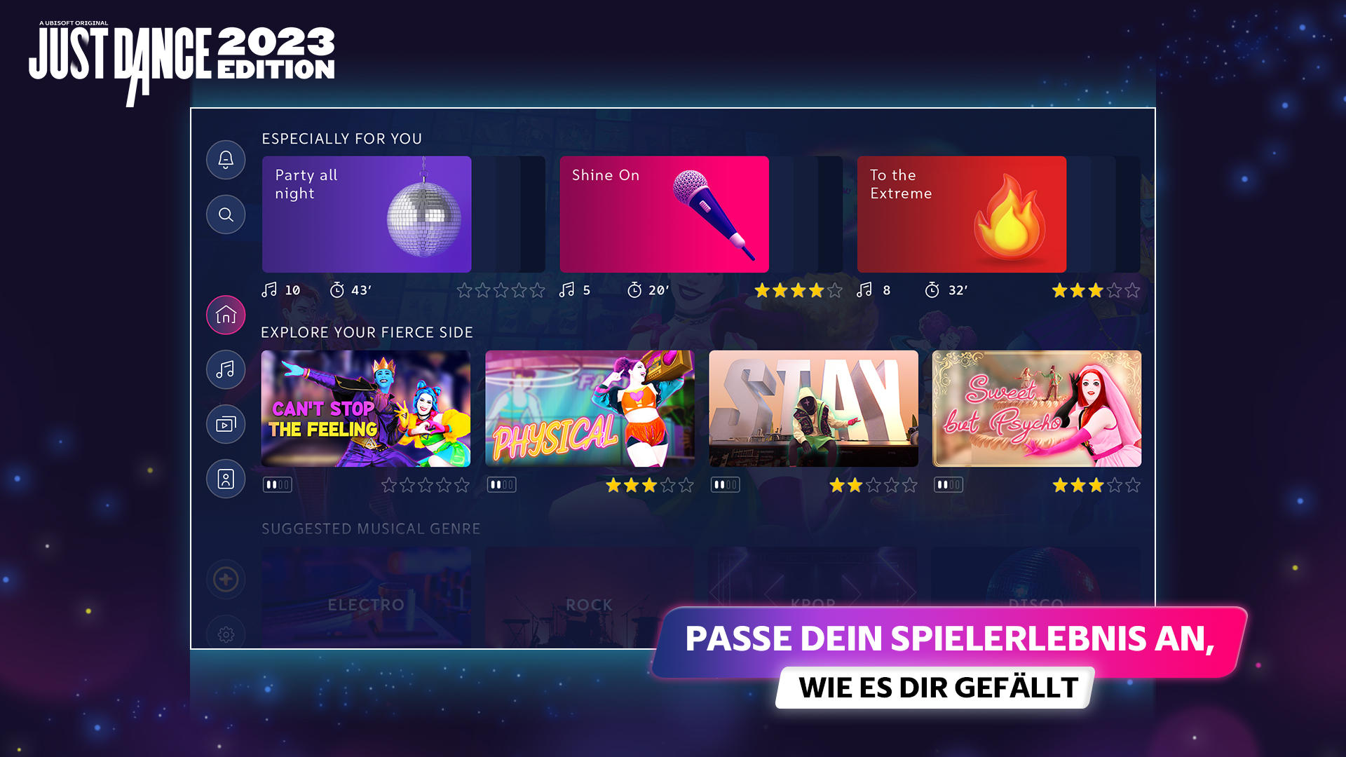Just Dance 2023-Oberfläche. Songs wie 'Party All Night' und 'Can't Stop the Feeling' werden angezeigt. Genres sind Electro und Disco.