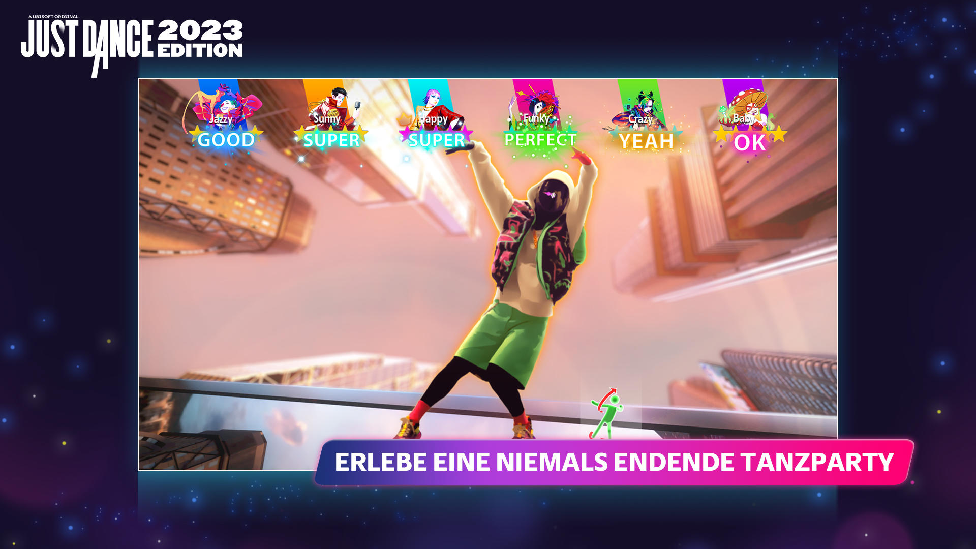 Eine Person tanzt in einer Spieloberfläche. Bunte Symbole und Text werden angezeigt, darunter "Just Dance 2023 Edition".
