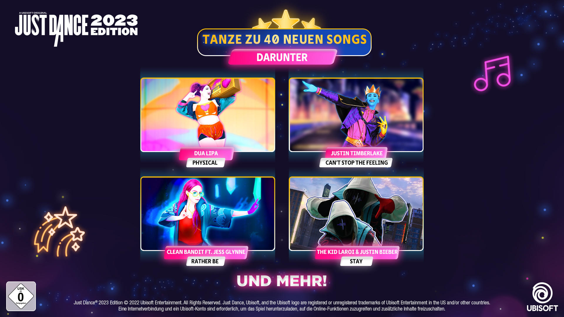 Werbung für Just Dance 2023 Edition. Mit Dua Lipa, Justin Timberlake, Clean Bandit und The Kid Laroi & Justin Bieber.